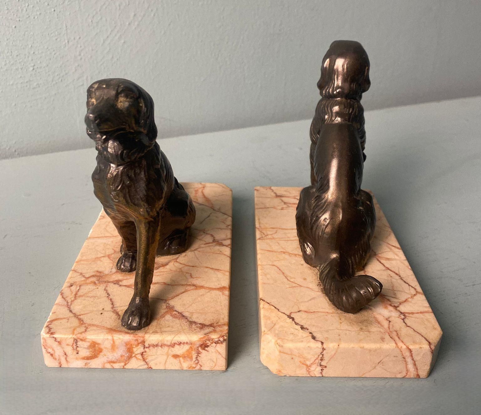 Art Deco France Pair Of Metal Bookends Featuring Dogs With A Fine Marble Base photo 499.0