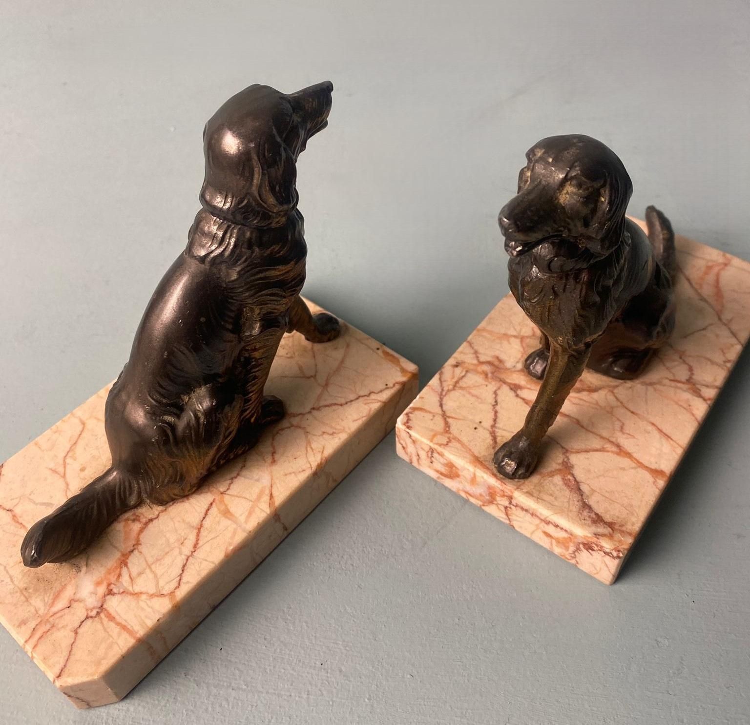Art Deco France Pair Of Metal Bookends Featuring Dogs With A Fine Marble Base photo vinterior