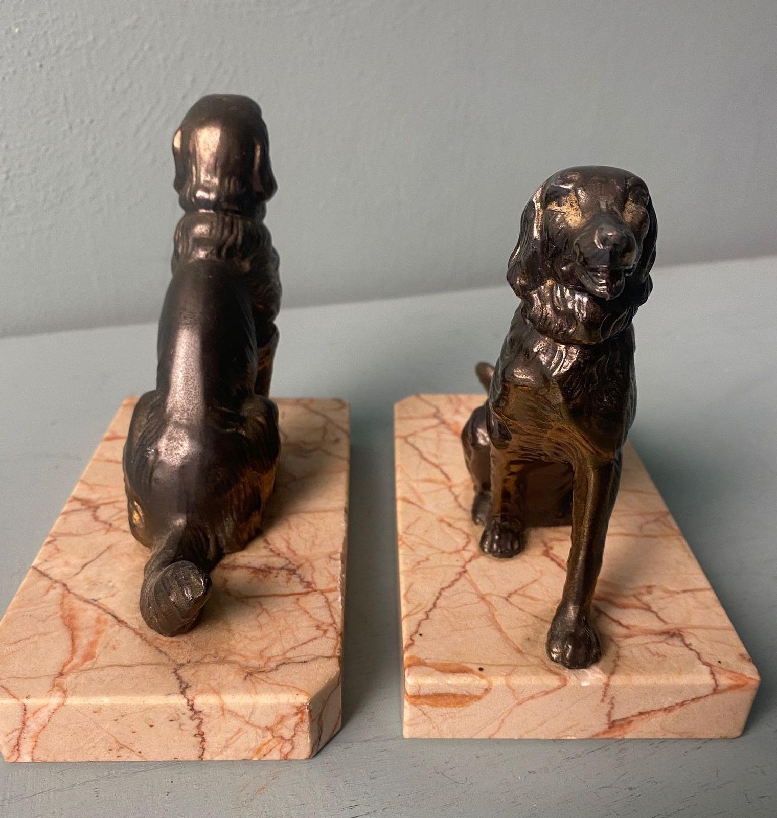Art Deco France Pair Of Metal Bookends Featuring Dogs With A Fine Marble Base photo vintage