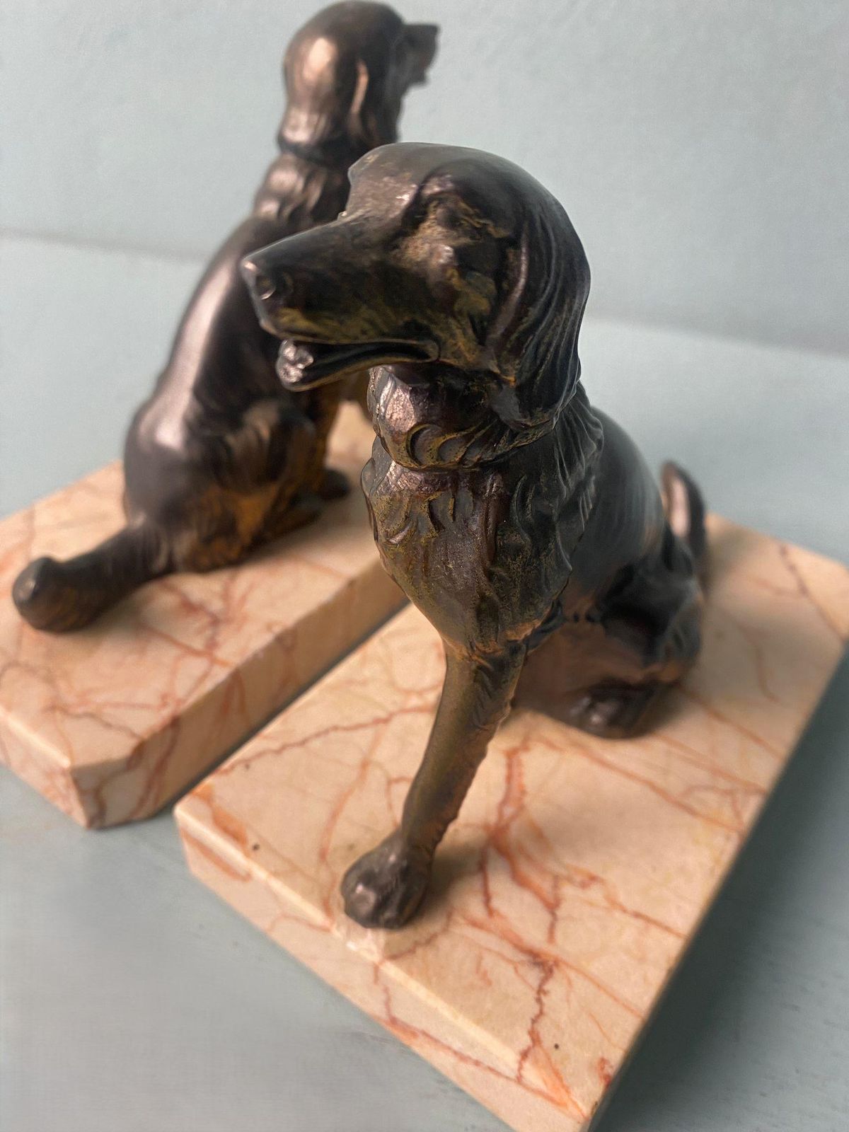 photo buy Art Deco France Pair Of Metal Bookends Featuring Dogs With A Fine Marble Base