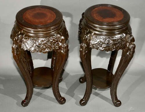 Pair Of Antique Asian Carved Wood Lacquered Plant Or Vase Stand
