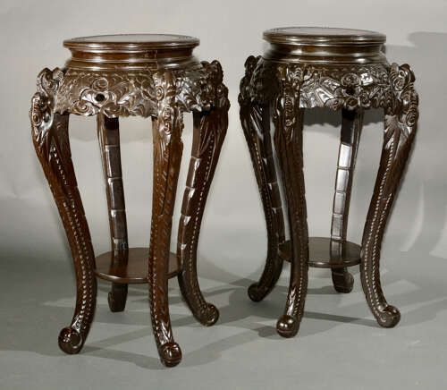 Pair Of Antique Asian Carved Wood Lacquered Plant Or Vase Stand photo Home Decor