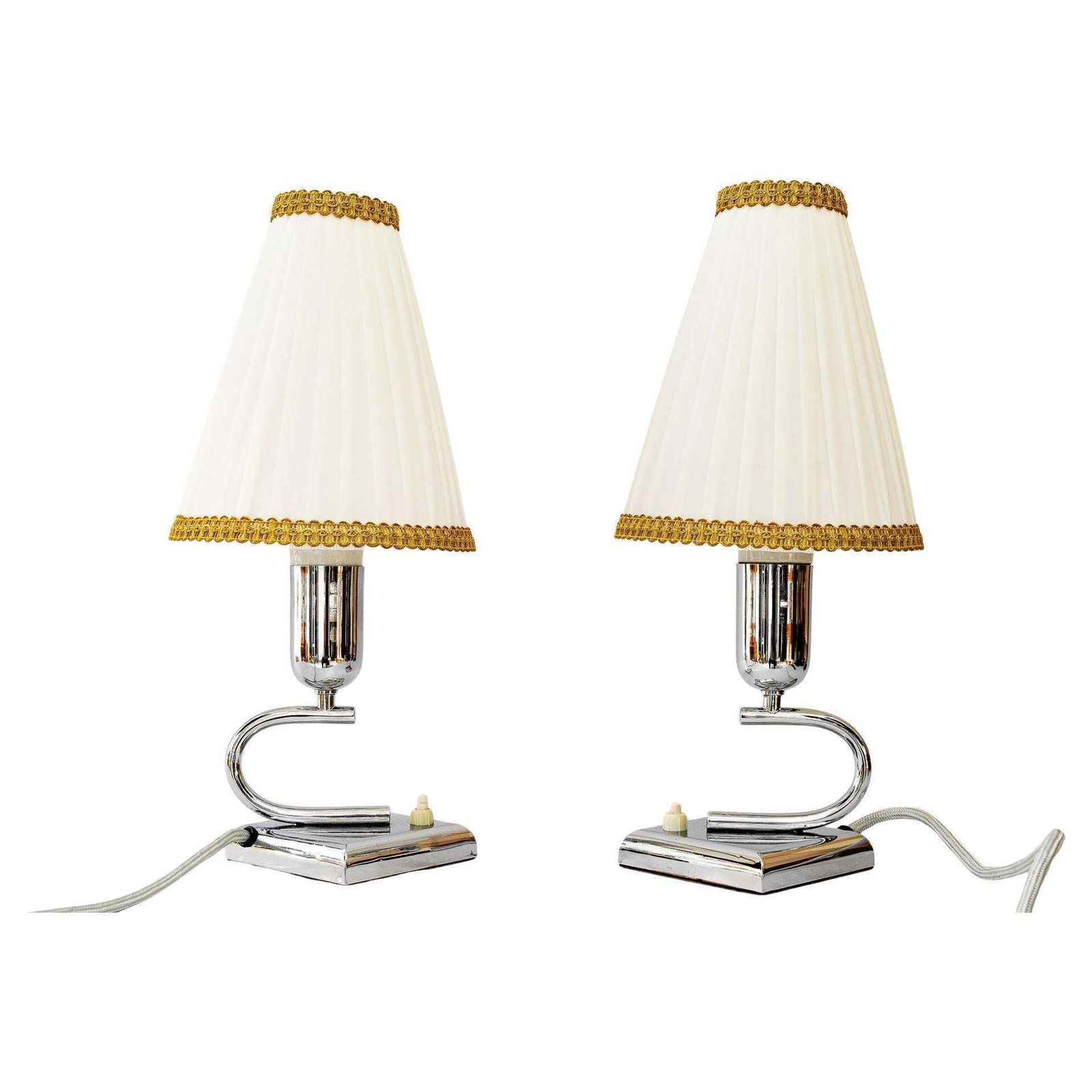 2 Art Deco Chrome Table Lamps With Original Fabric Shades Vienna Around 1920s