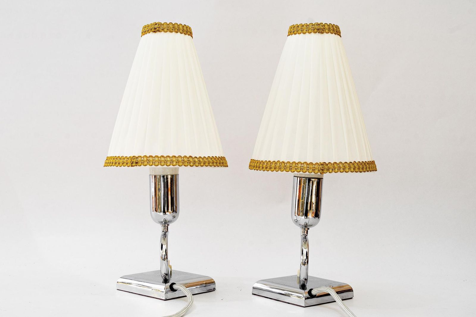 2 Art Deco Chrome Table Lamps With Original Fabric Shades Vienna Around 1920s photo buy