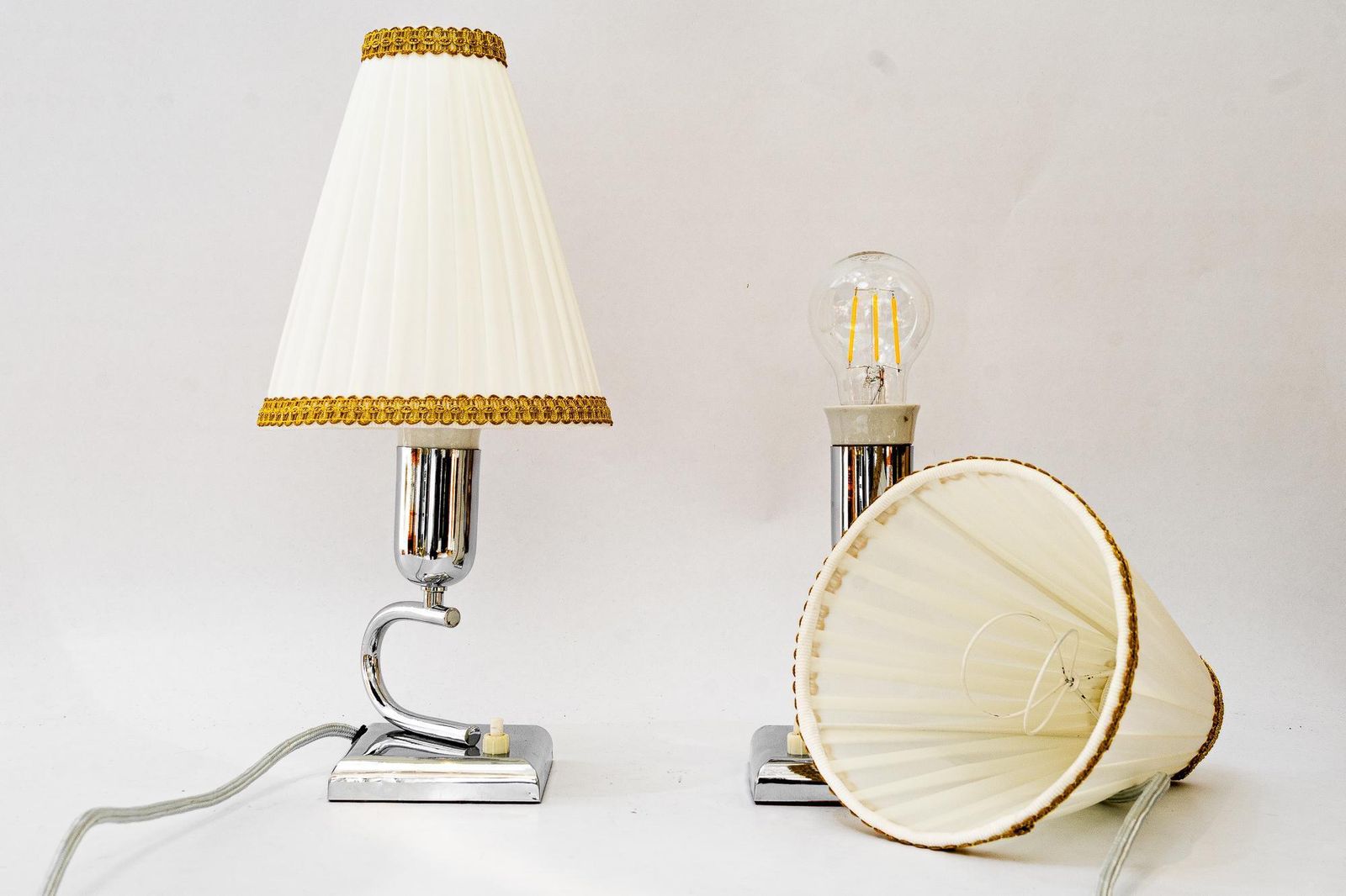 2 Art Deco Chrome Table Lamps With Original Fabric Shades Vienna Around 1920s photo vintage