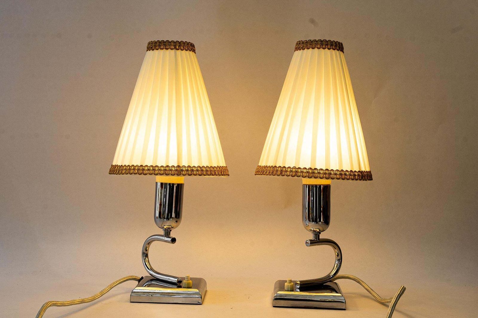 photo buy 2 Art Deco Chrome Table Lamps With Original Fabric Shades Vienna Around 1920s