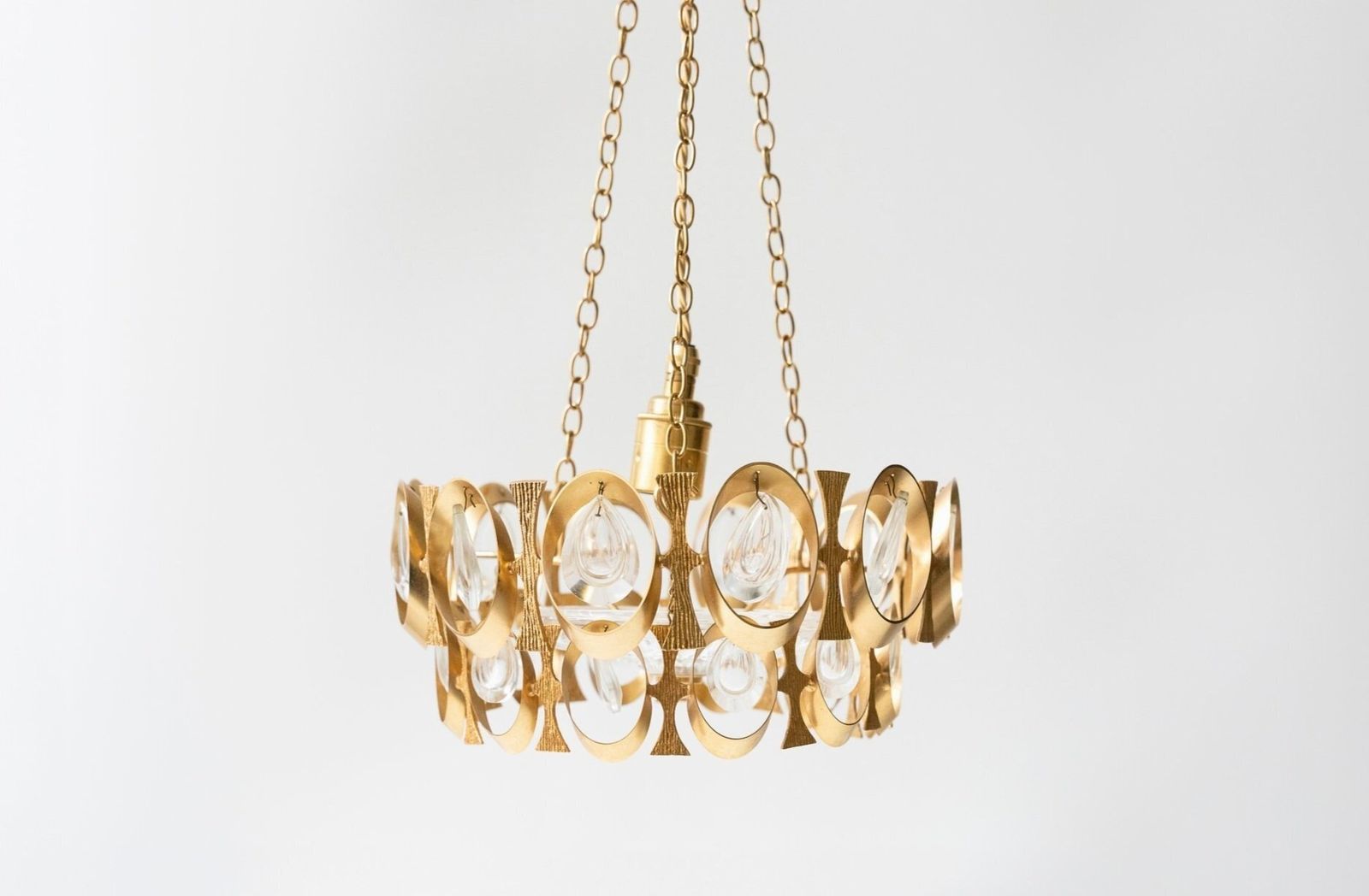 Unique 20th Century Chandelier In Gilded Metal And Glass, French Design