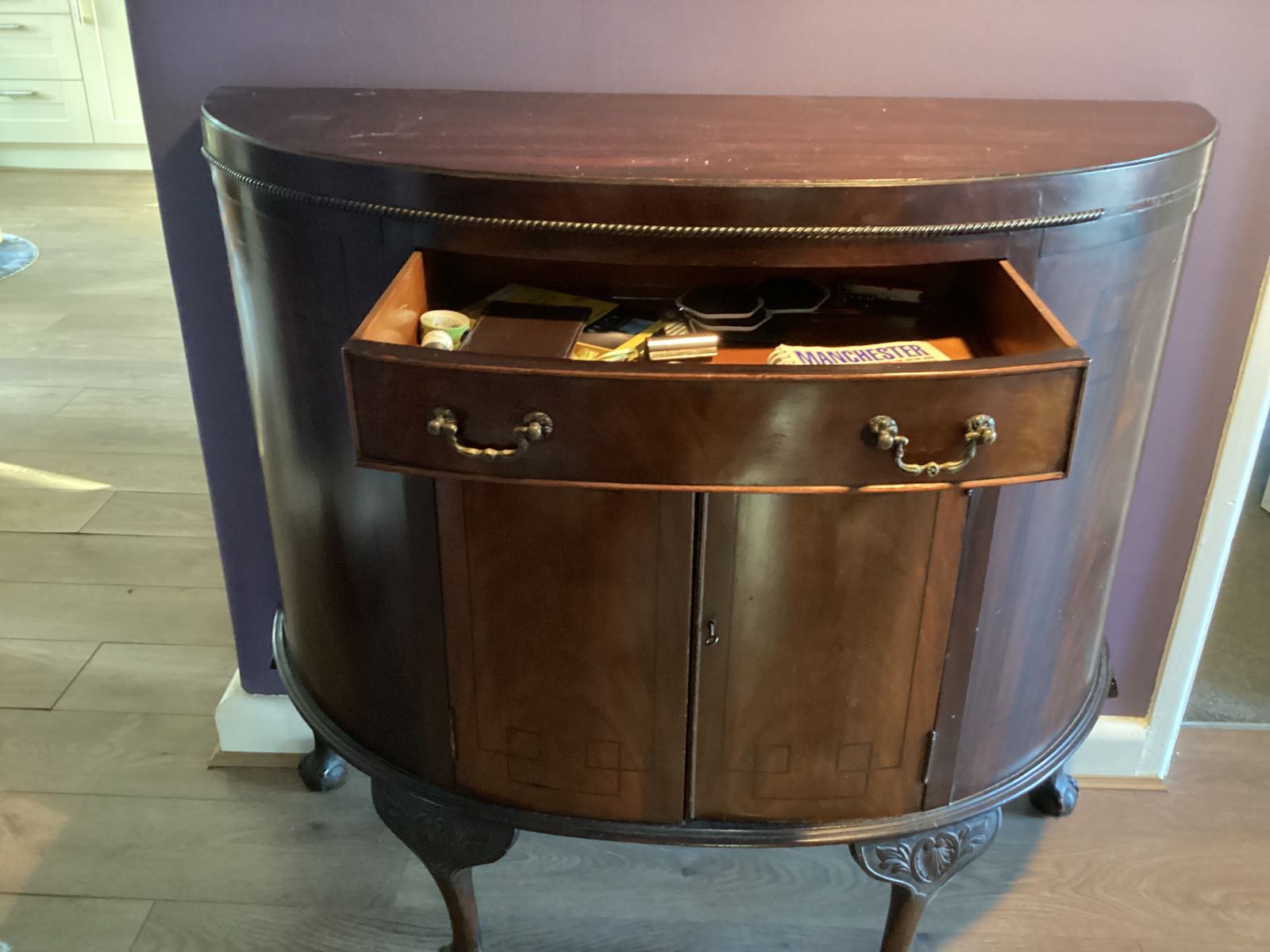Demilune Cabinet Cica 1920 With Drawer ,Ball & Claw Feet ,Mahogany Art Deco Marquetry Insets photo Furniture