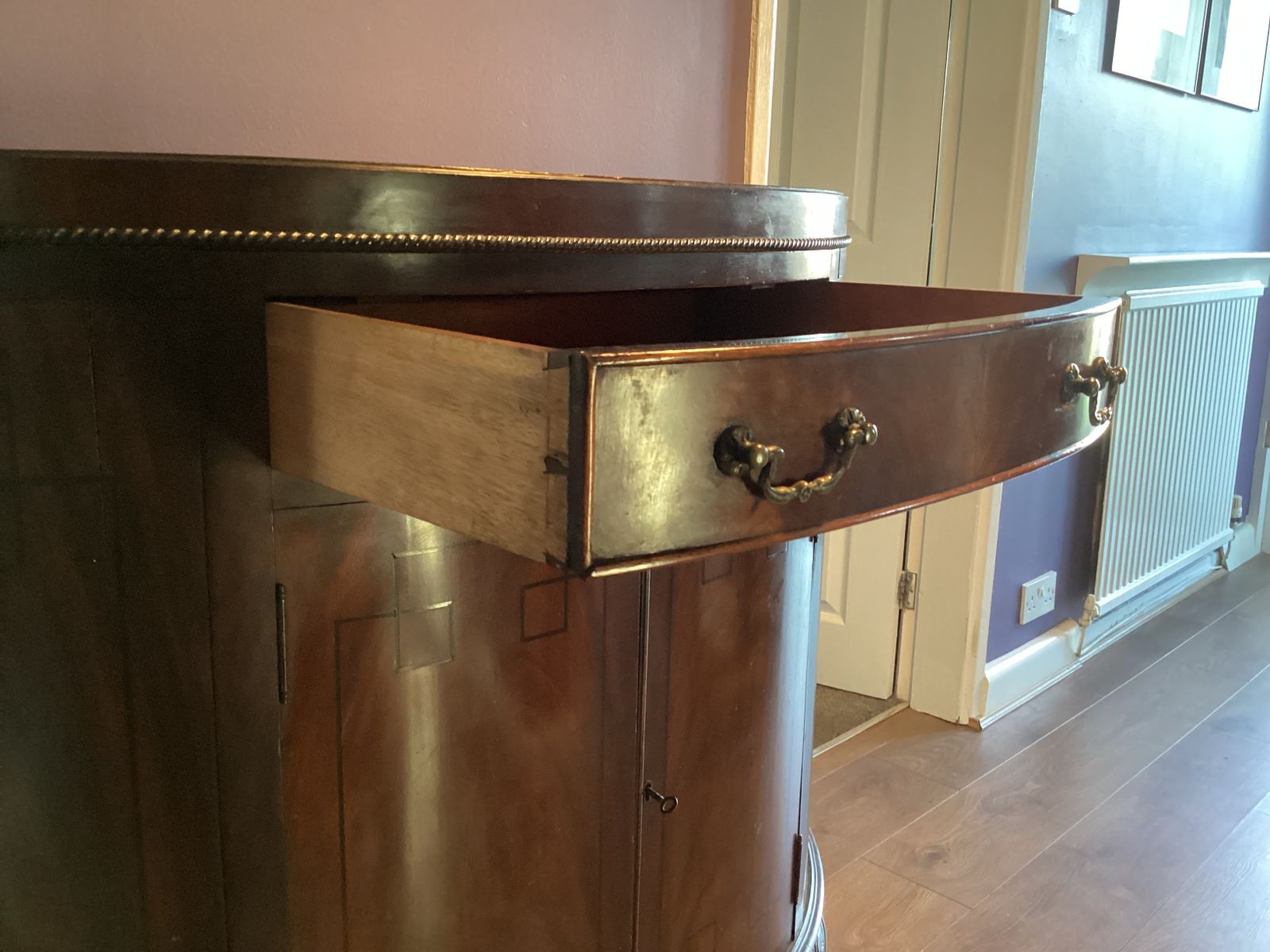 photo furniture Demilune Cabinet Cica 1920 With Drawer ,Ball & Claw Feet ,Mahogany Art Deco Marquetry Insets