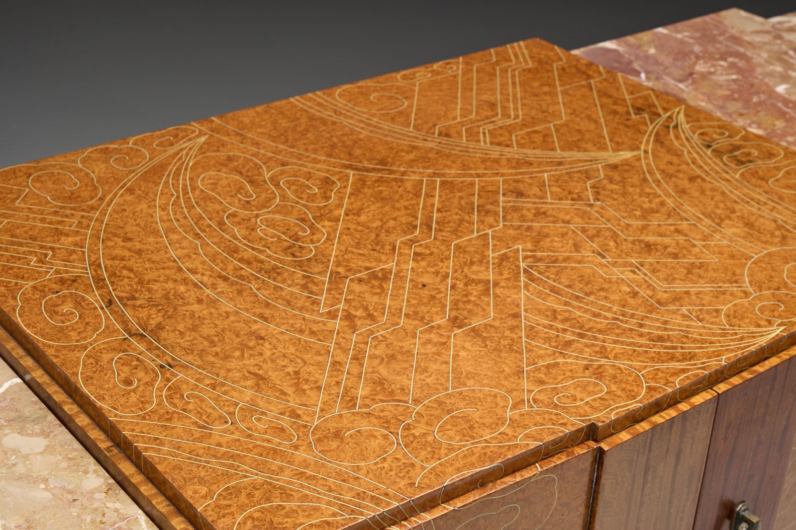 Art Deco Credenza In Marble And Burl Wood, France, 1930s photo for sale