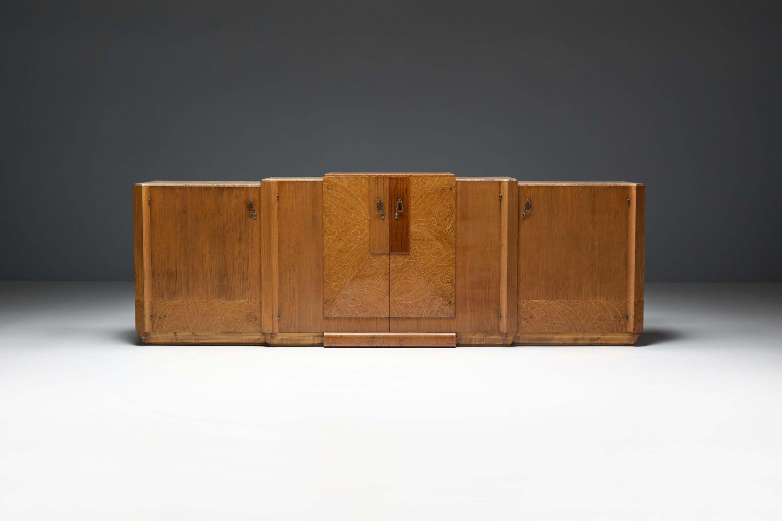 Art Deco Credenza In Marble And Burl Wood, France, 1930s photo Furniture