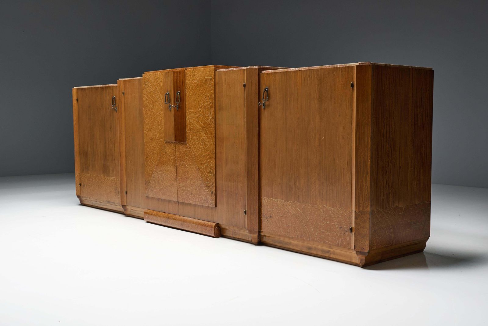 photo furniture Art Deco Credenza In Marble And Burl Wood, France, 1930s