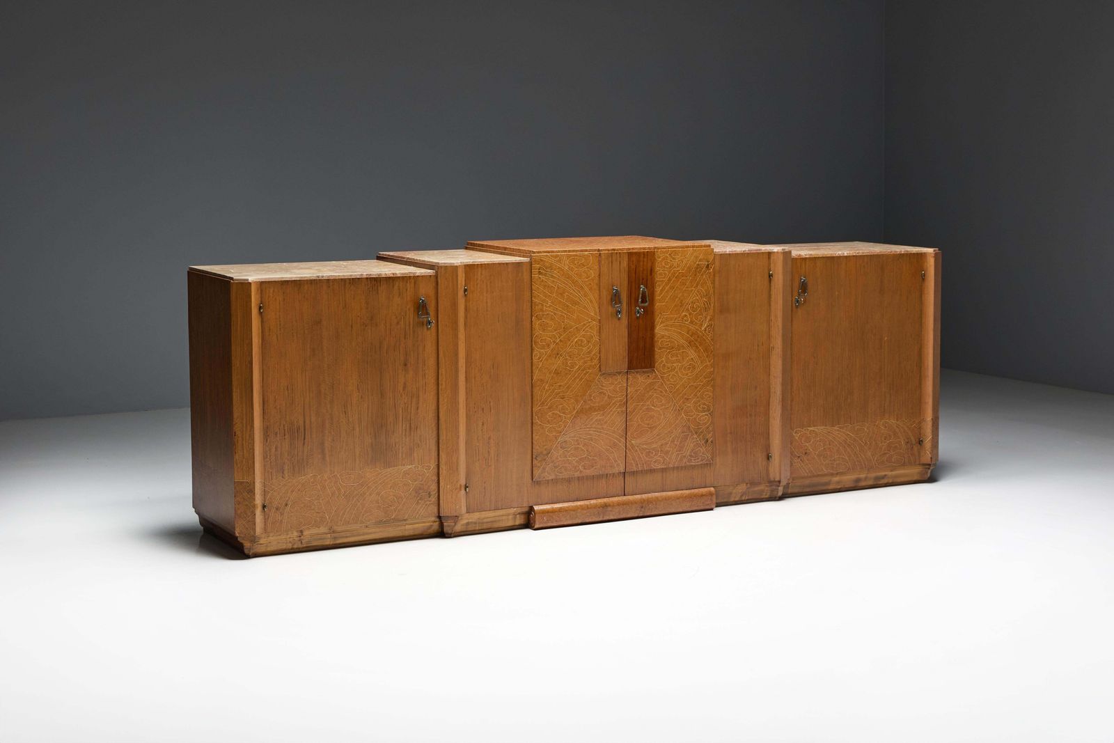 photo vintage Art Deco Credenza In Marble And Burl Wood, France, 1930s