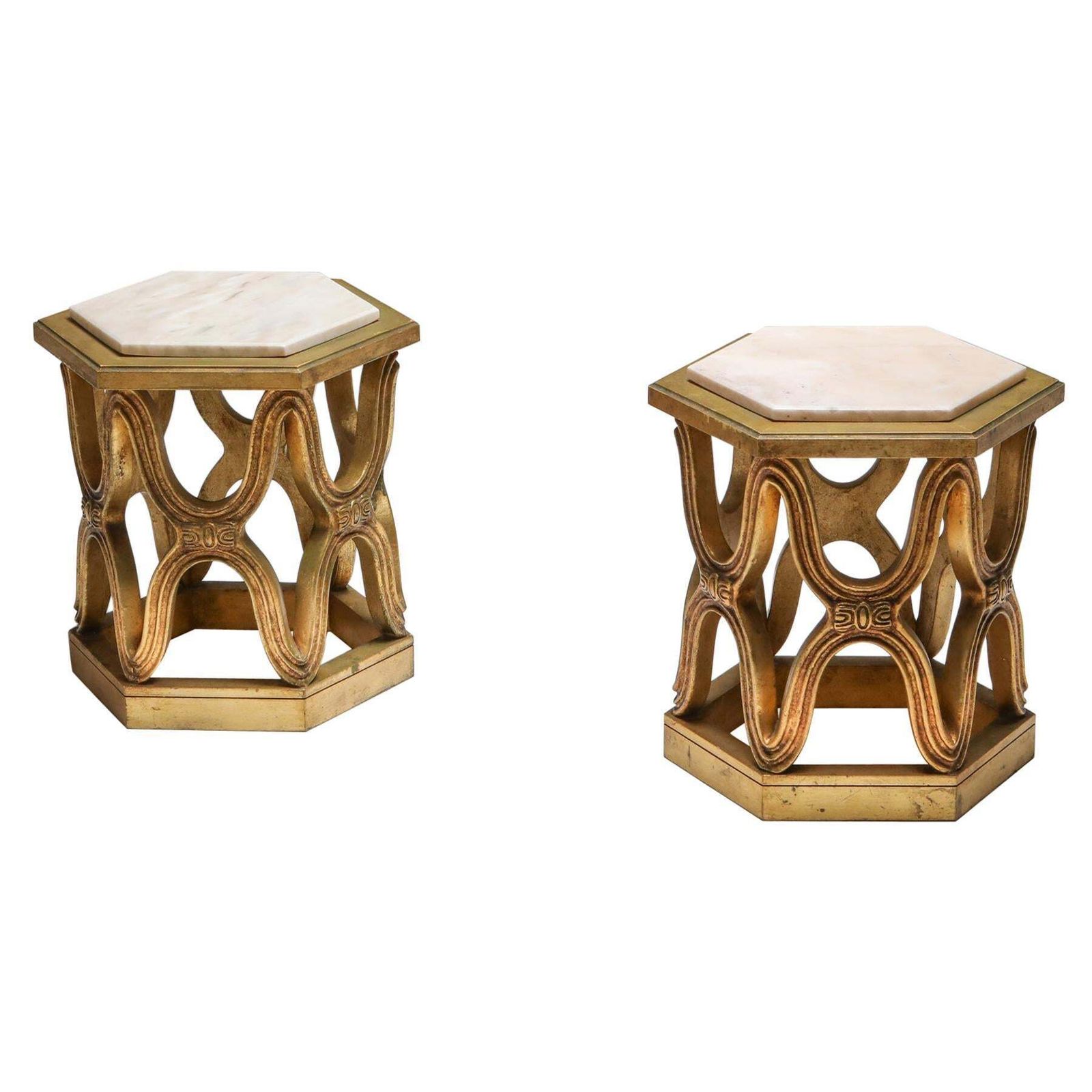 Carved Giltwood Side Tables With Marble Top, 1970s