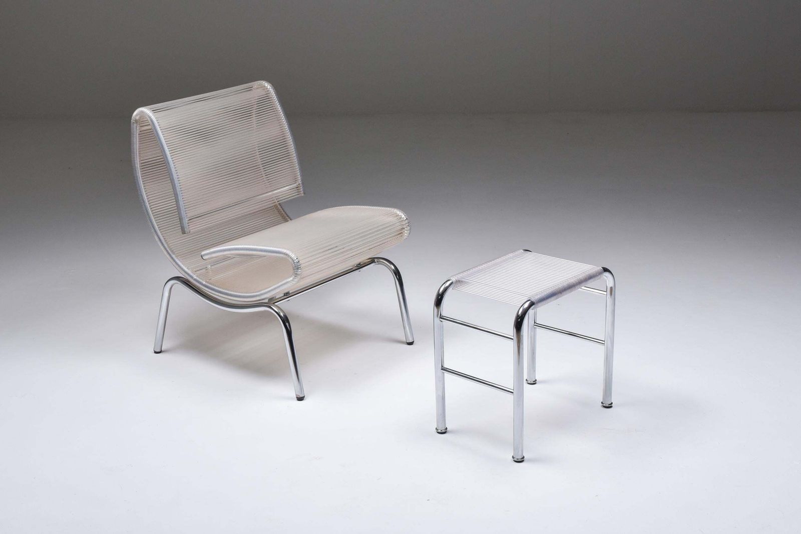 Furniture Post Modern Pair Of Easy Chairs In Chrome & Plastic Wire, 1960s photo