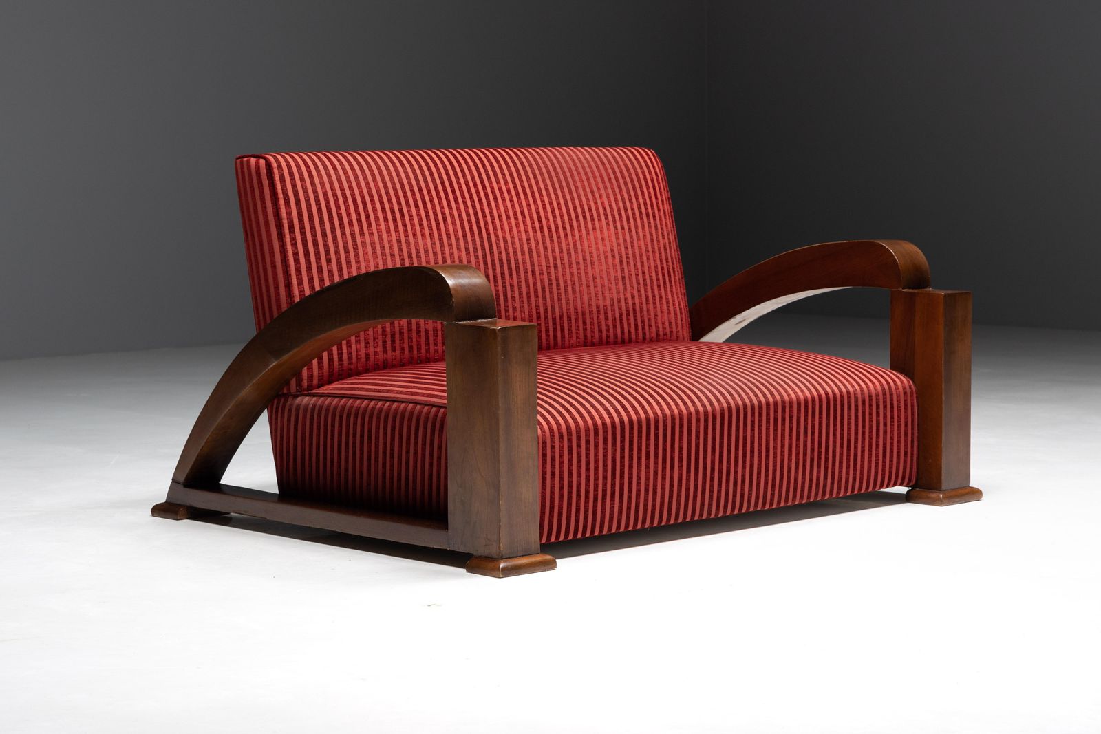 Art Deco Sofa In Red Striped Velvet And With Swoosh Armrests, France, 1940s photo 3799.0