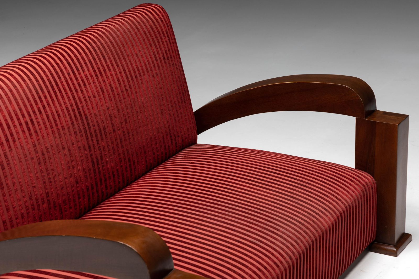 Art Deco Sofa In Red Striped Velvet And With Swoosh Armrests, France, 1940s photo vinterior