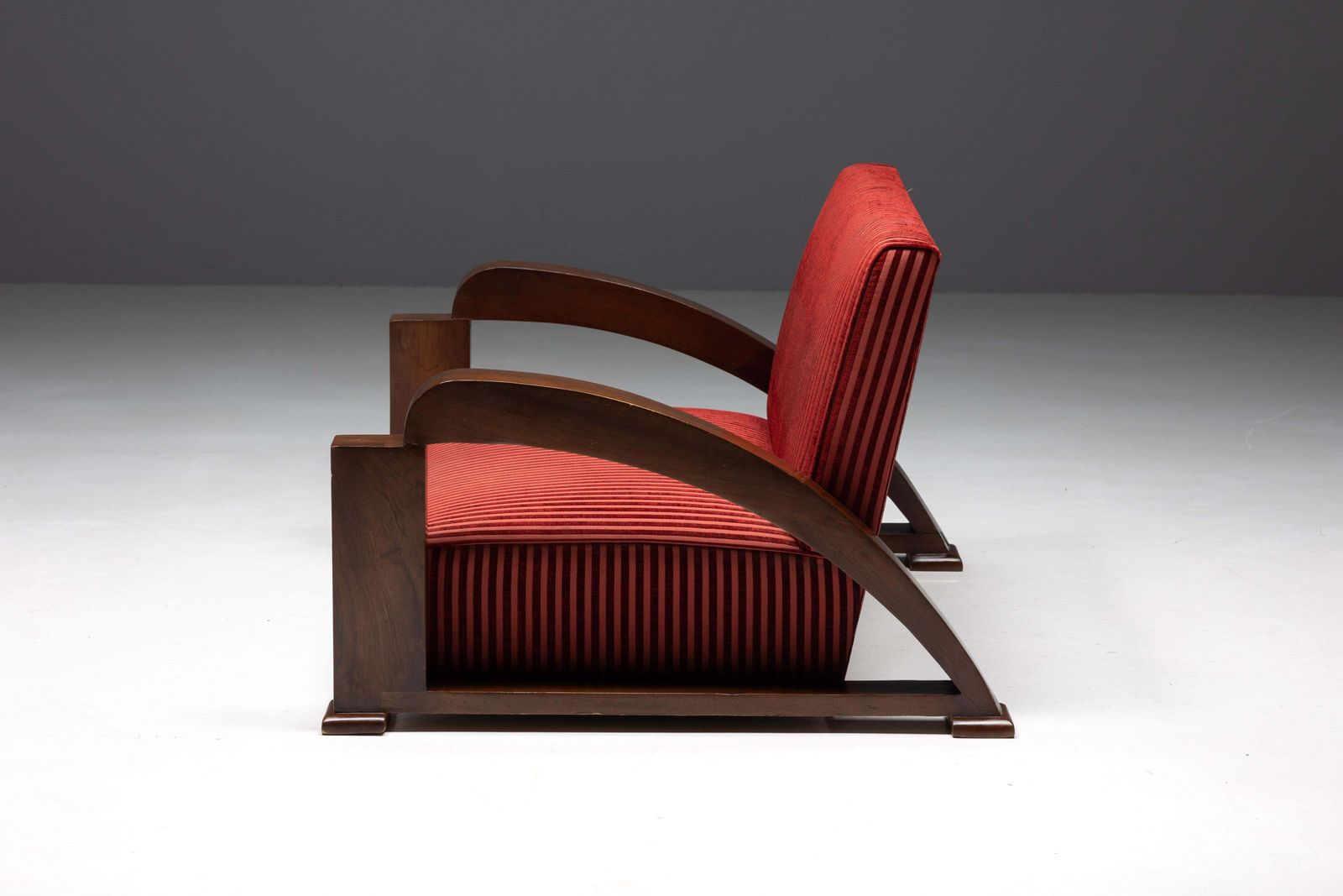 Art Deco Sofa In Red Striped Velvet And With Swoosh Armrests, France, 1940s photo buy