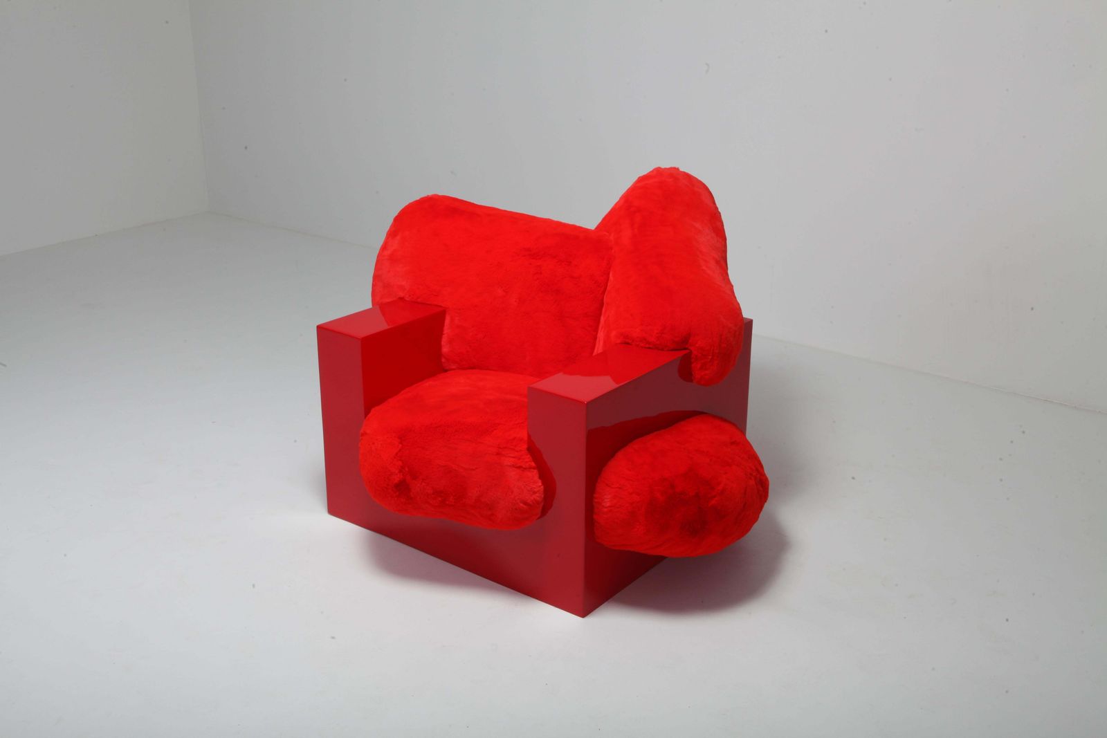 photo furniture 'Pillow Lounge Chair' In Red Lacquer And Faux Fur By Schimmel & Schweikle