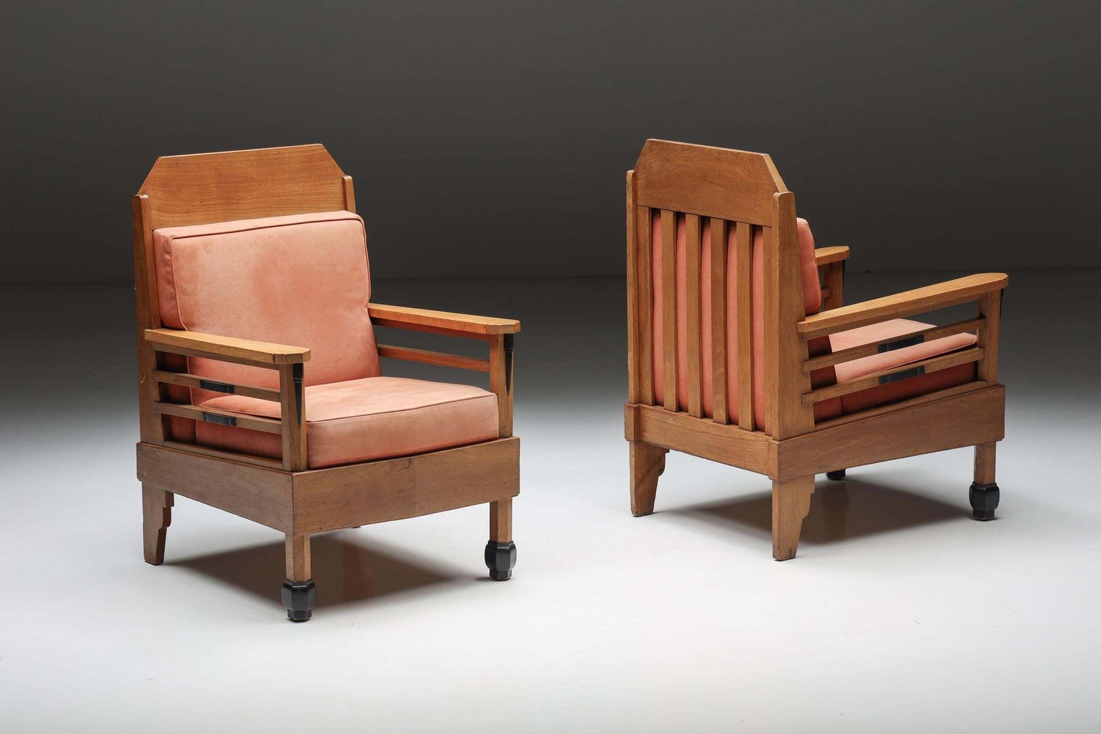 Pair Of Art Deco Club Chairs, Pine & Leather, Europe, 1960s photo furniture
