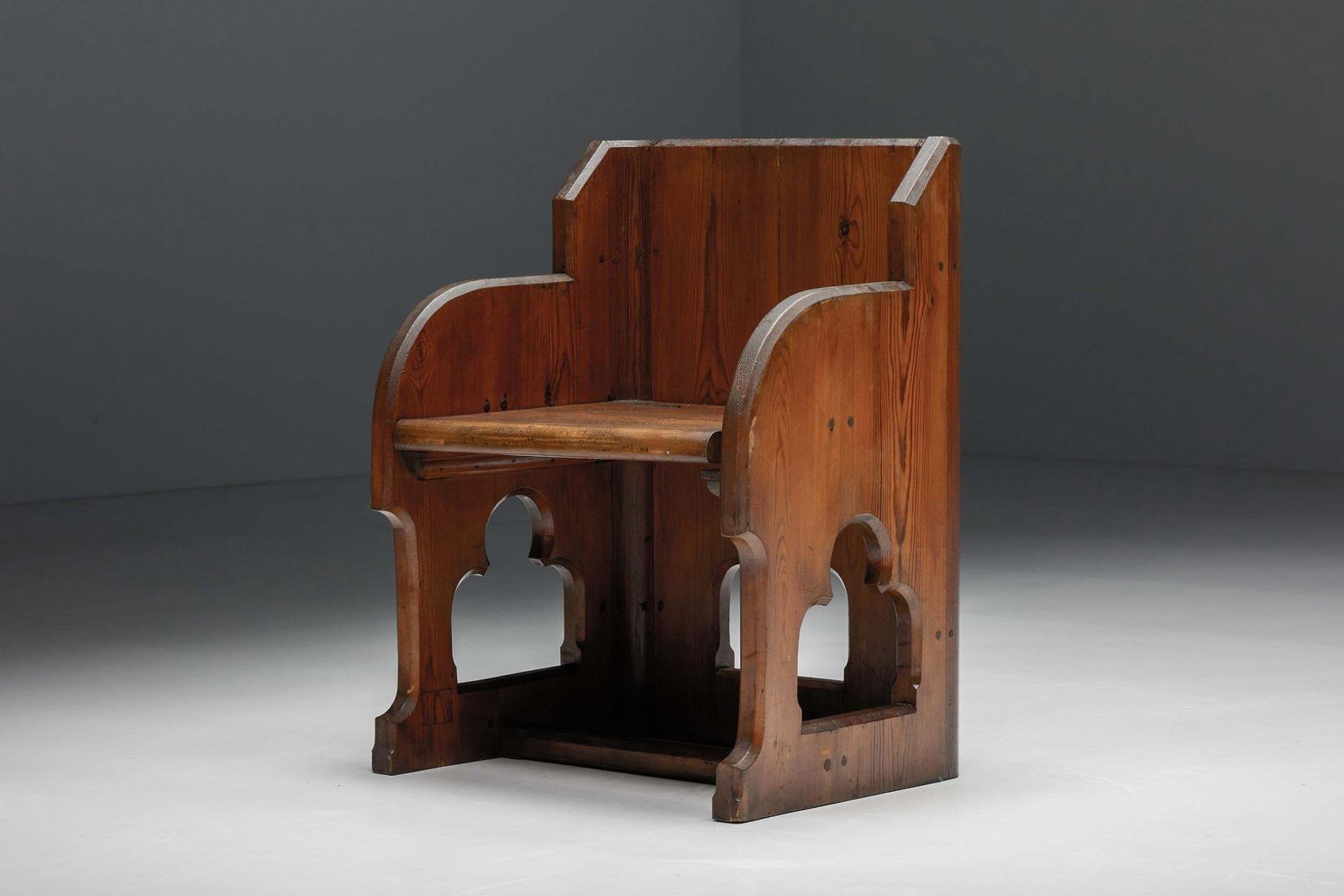 Furniture Gothic Revival Wooden Armchairs, Pine & Oak, 20th Century photo