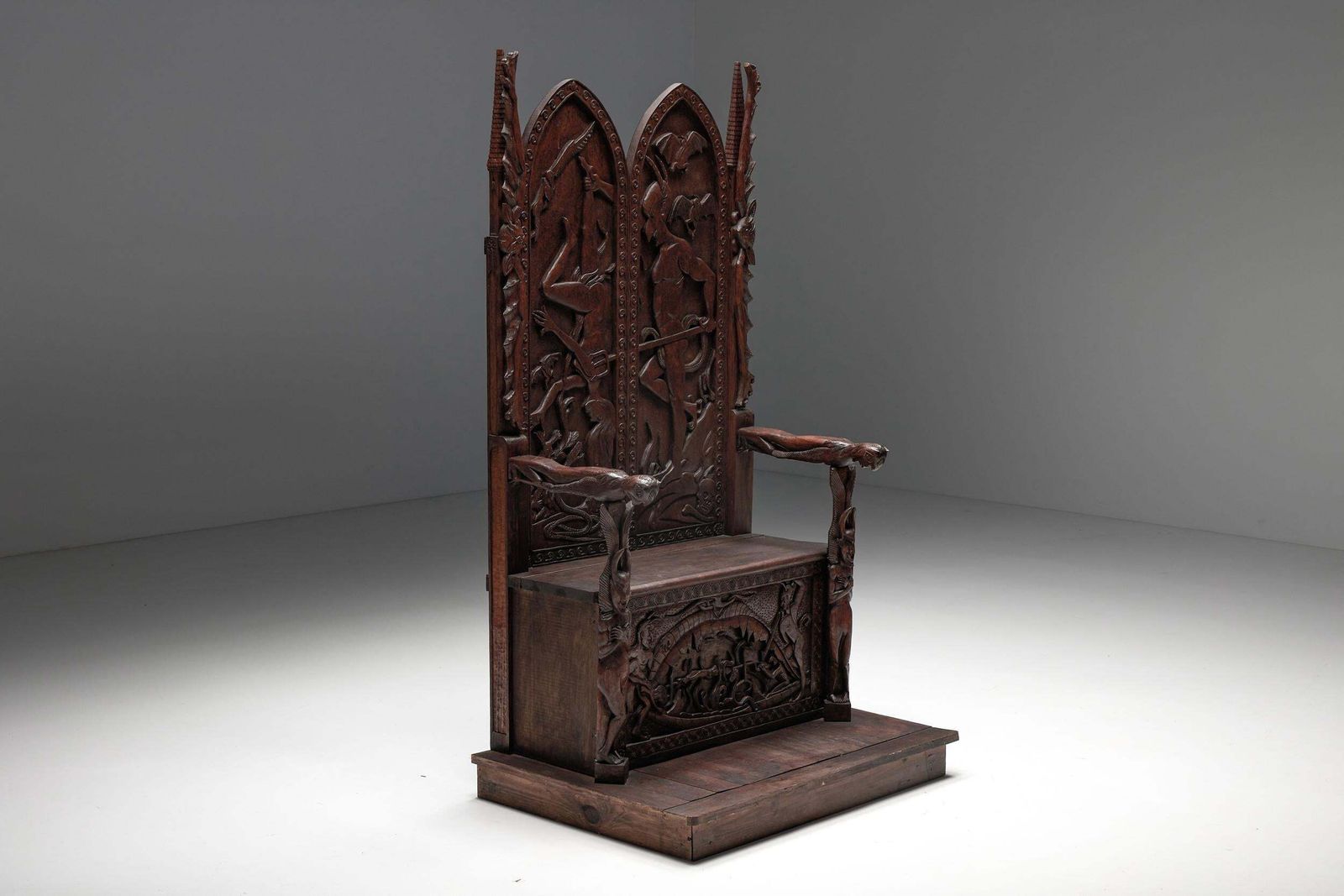 Carved Throne Chairs With Relief Design In Wood, 20th Century photo 9695.0
