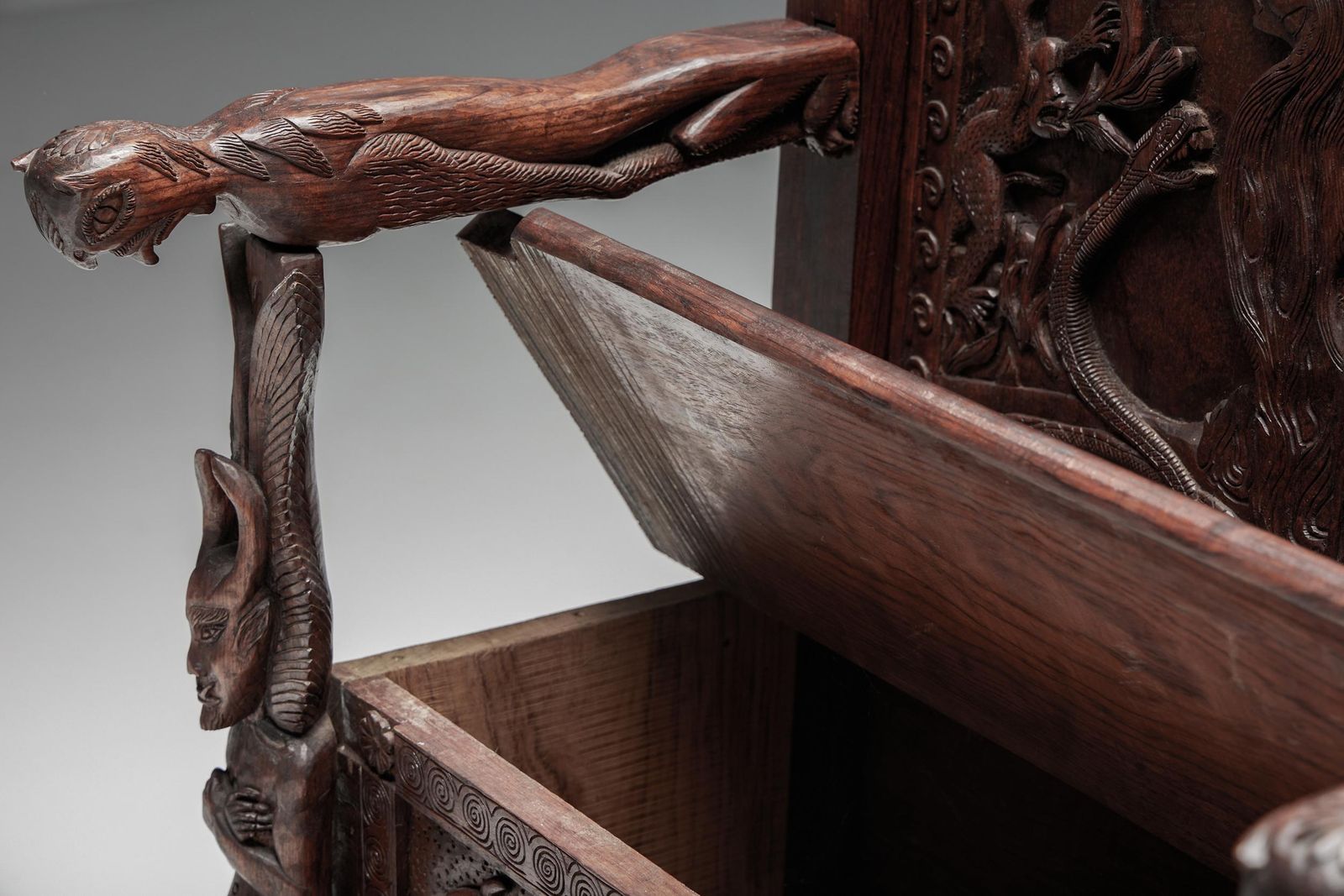 photo buy Carved Throne Chairs With Relief Design In Wood, 20th Century