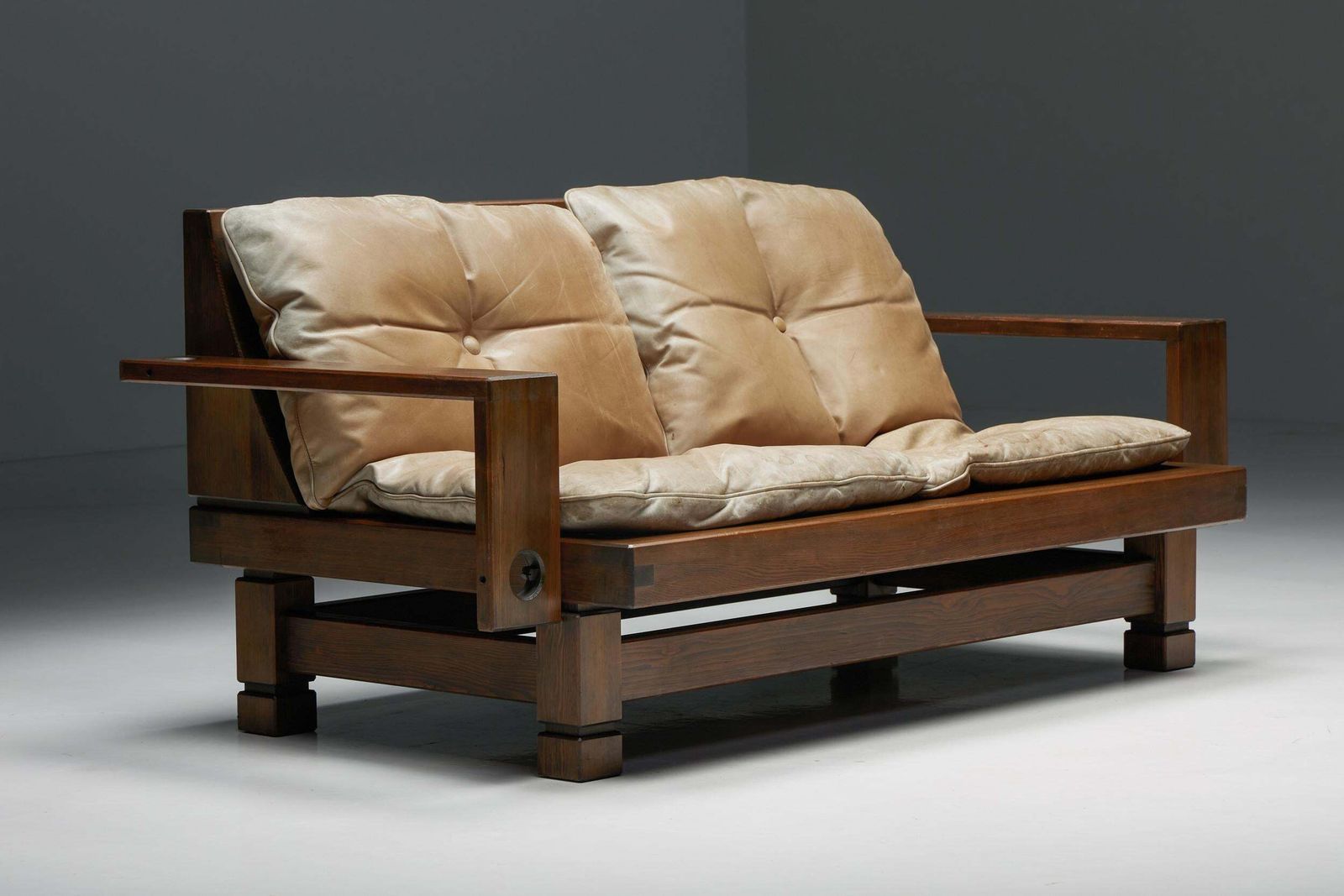 French Wooden Two Seater With Leather Cushions, 1960s photo furniture