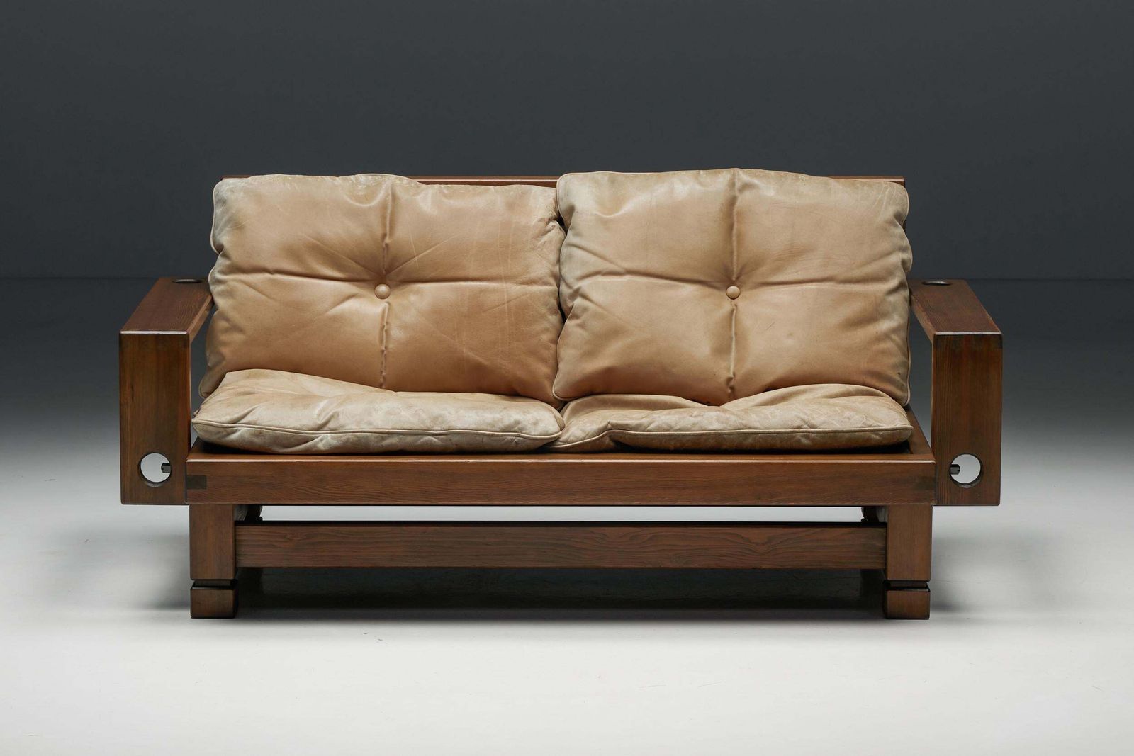French Wooden Two Seater With Leather Cushions, 1960s photo for sale