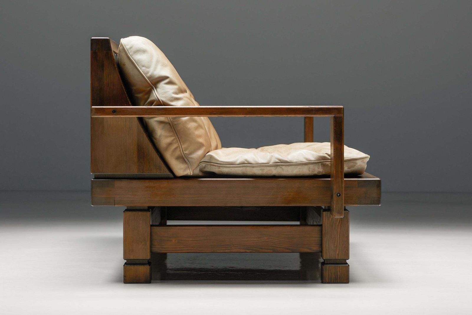 French Wooden Two Seater With Leather Cushions, 1960s photo buy