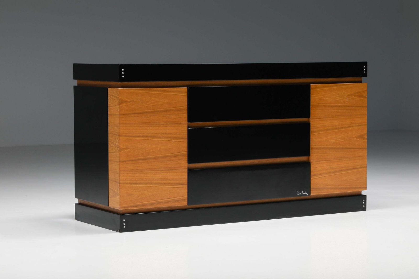 Pierre Cardin Black Lacquer And Teak Drawer Cabinet, Postmodern Credenza, 1970's photo for sale