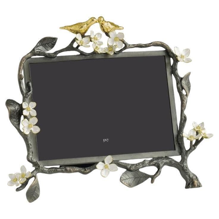 Medium Sized Photo Frame With Bird Motif In Silver, Gold And Enamelled Metal.