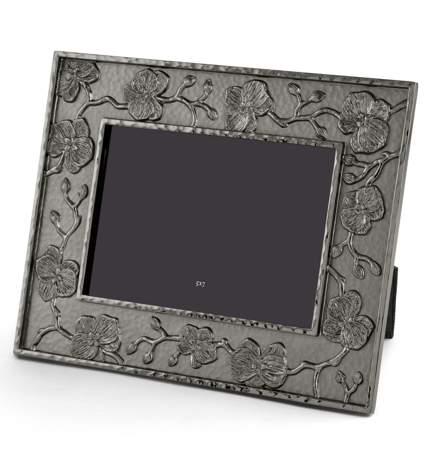 Medium Sized Photo Frame In Black Nickel Plate With Black Orchid Floral Motif. photo for sale
