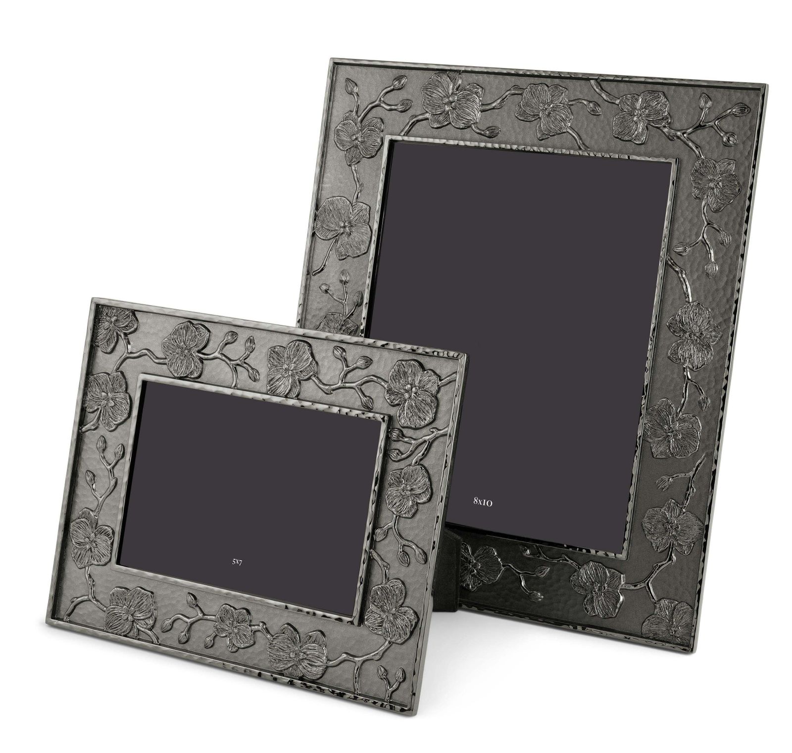 photo furniture Medium Sized Photo Frame In Black Nickel Plate With Black Orchid Floral Motif.