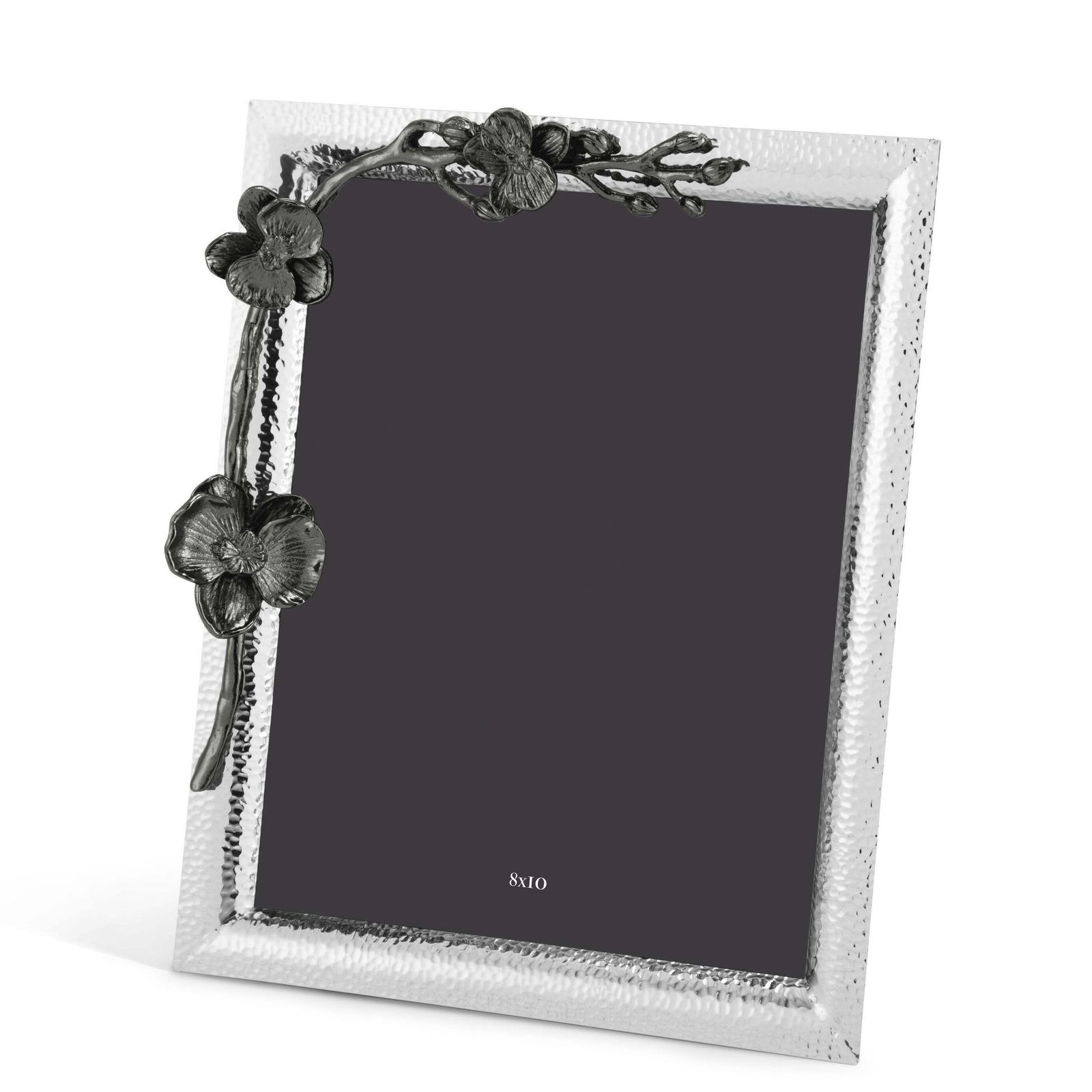 Nickel Plated Metal Large Photo Frame With Overlapping Black Orchid Design. photo for sale