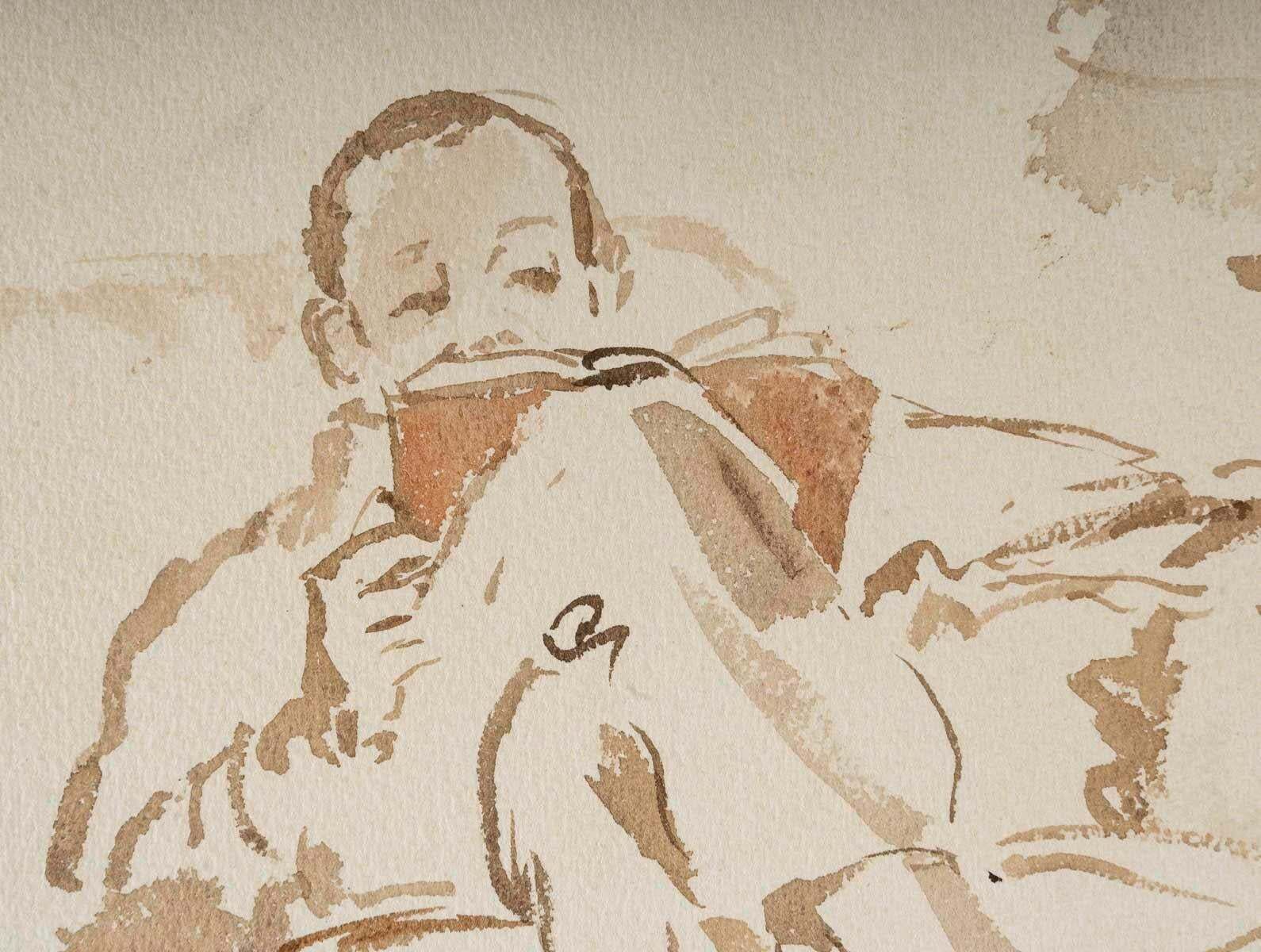 Watercolour On Paper By Evelyne Luez Of A Man In His Armchair, 1950 1960. photo furniture
