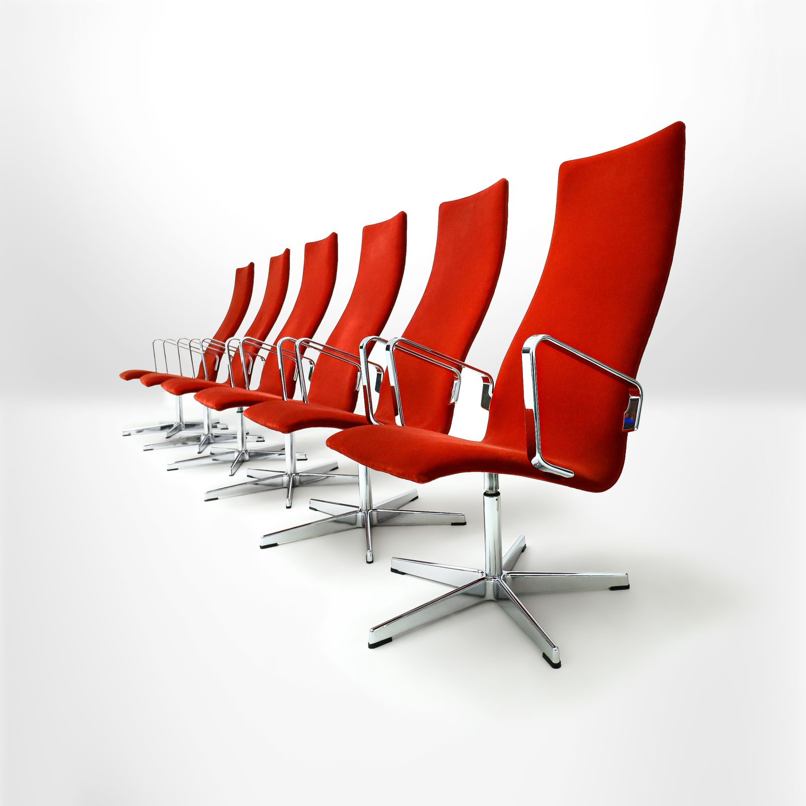 Set Of 6 Rare Lounge Version Arne Jacobsen Oxford Chairs In Vibrant Ferrari Red Velvet For Fritz Hansen photo furniture