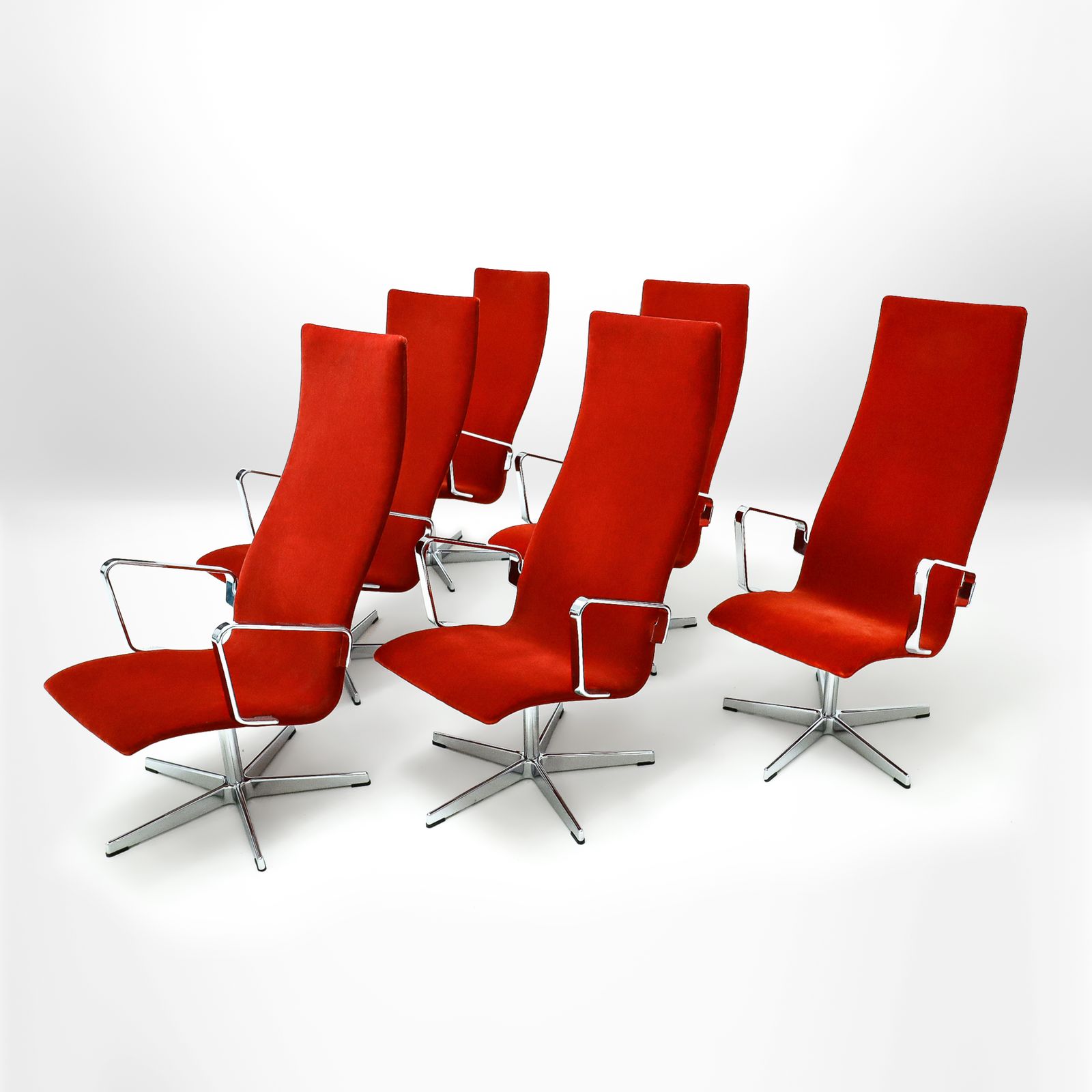 Set Of 6 Rare Lounge Version Arne Jacobsen Oxford Chairs In Vibrant Ferrari Red Velvet For Fritz Hansen photo for sale