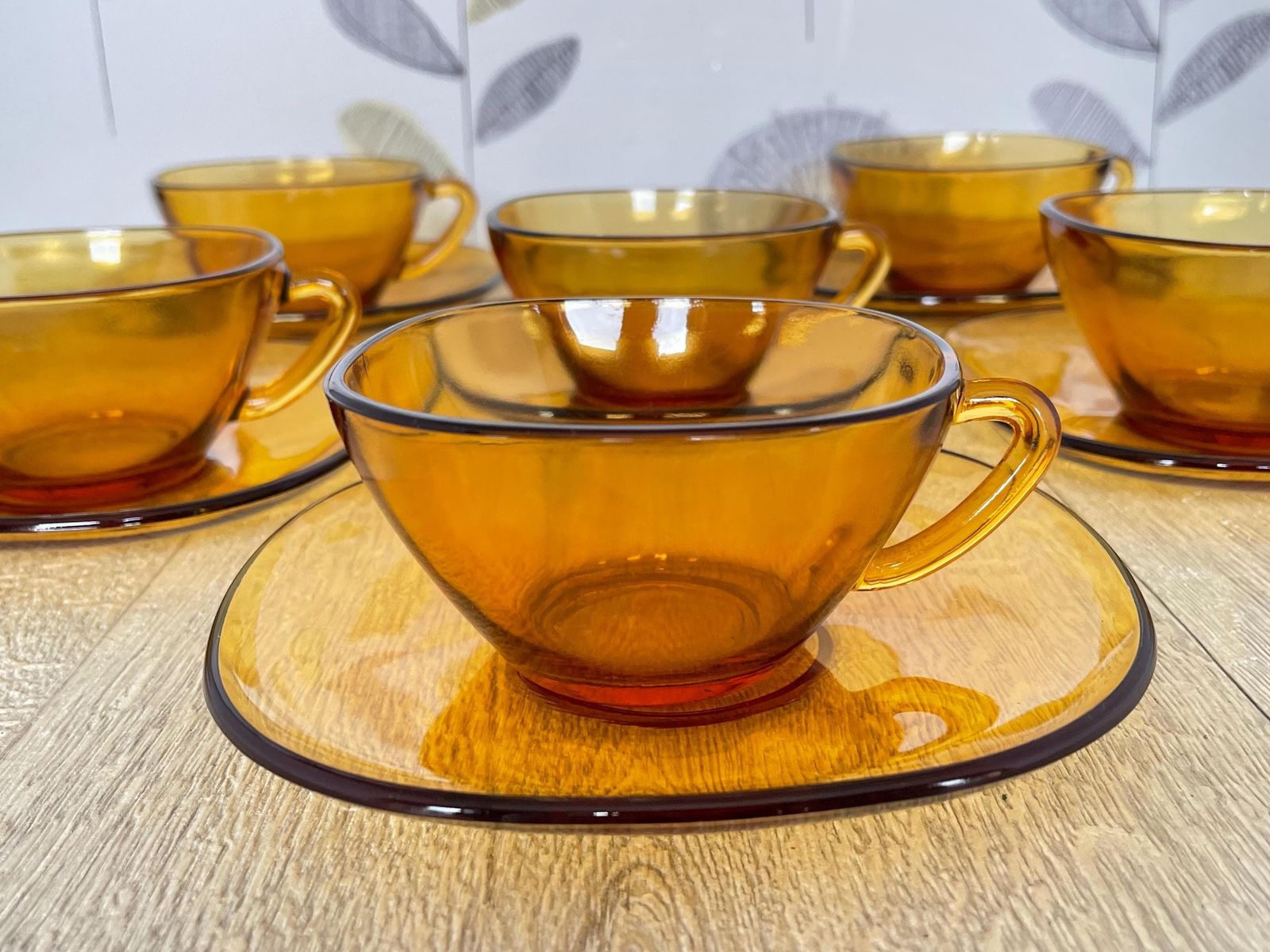 Amber Yellow French Glass Coffee Set   Vintage Vereco 12 Piece Glass Espresso Set   Small Square Demitasse Cups And Saucers photo buy