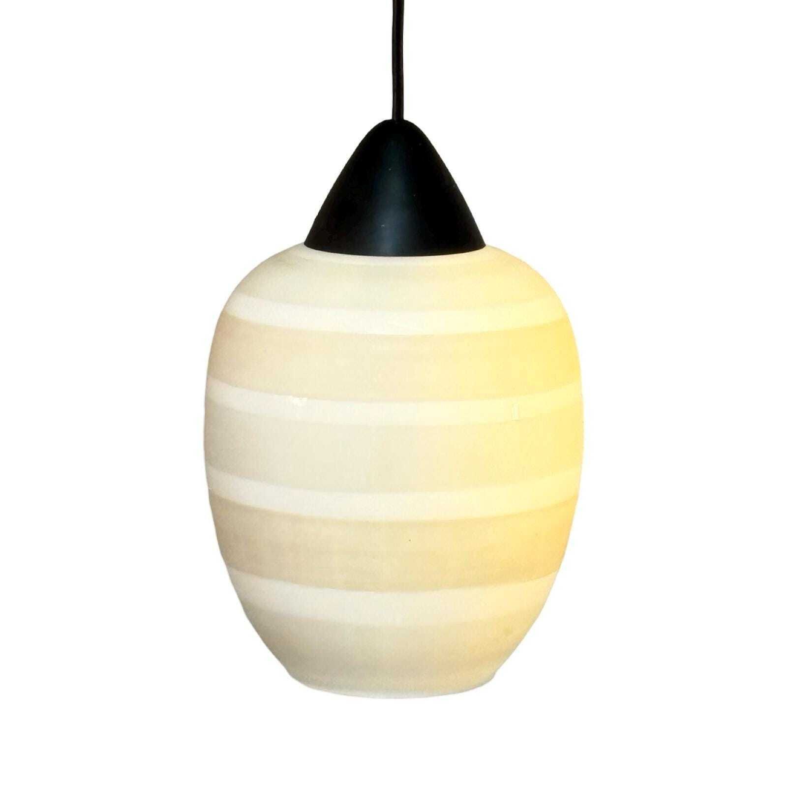 Vintage 50's Mcm Hanging Pendant   Frosted / Semi Translucent White Glass And Black Top   Attr. Louis Kalff / Phillips