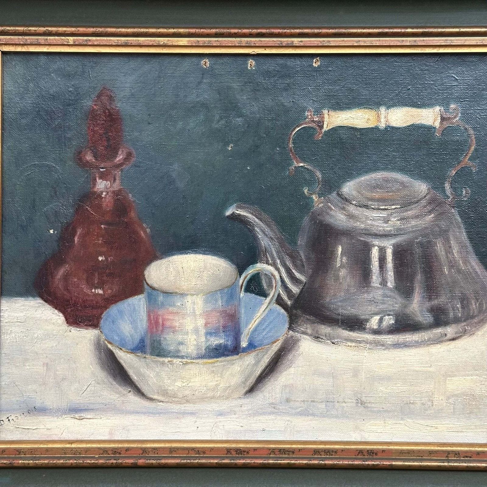 French Antique Still Life “Tasse De Thé” Oil Painting On Canvas Framed photo furniture