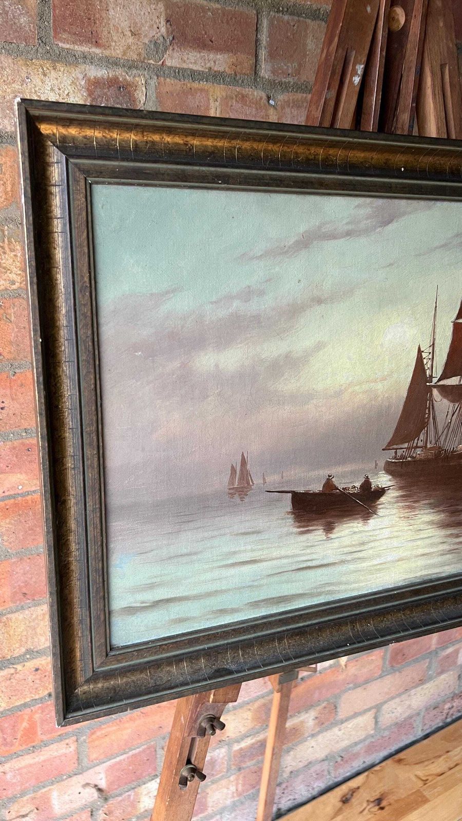 1896 Antique Nautical Oil Painting By Joseph Eaman – Sailing Ship At Sunset photo buy