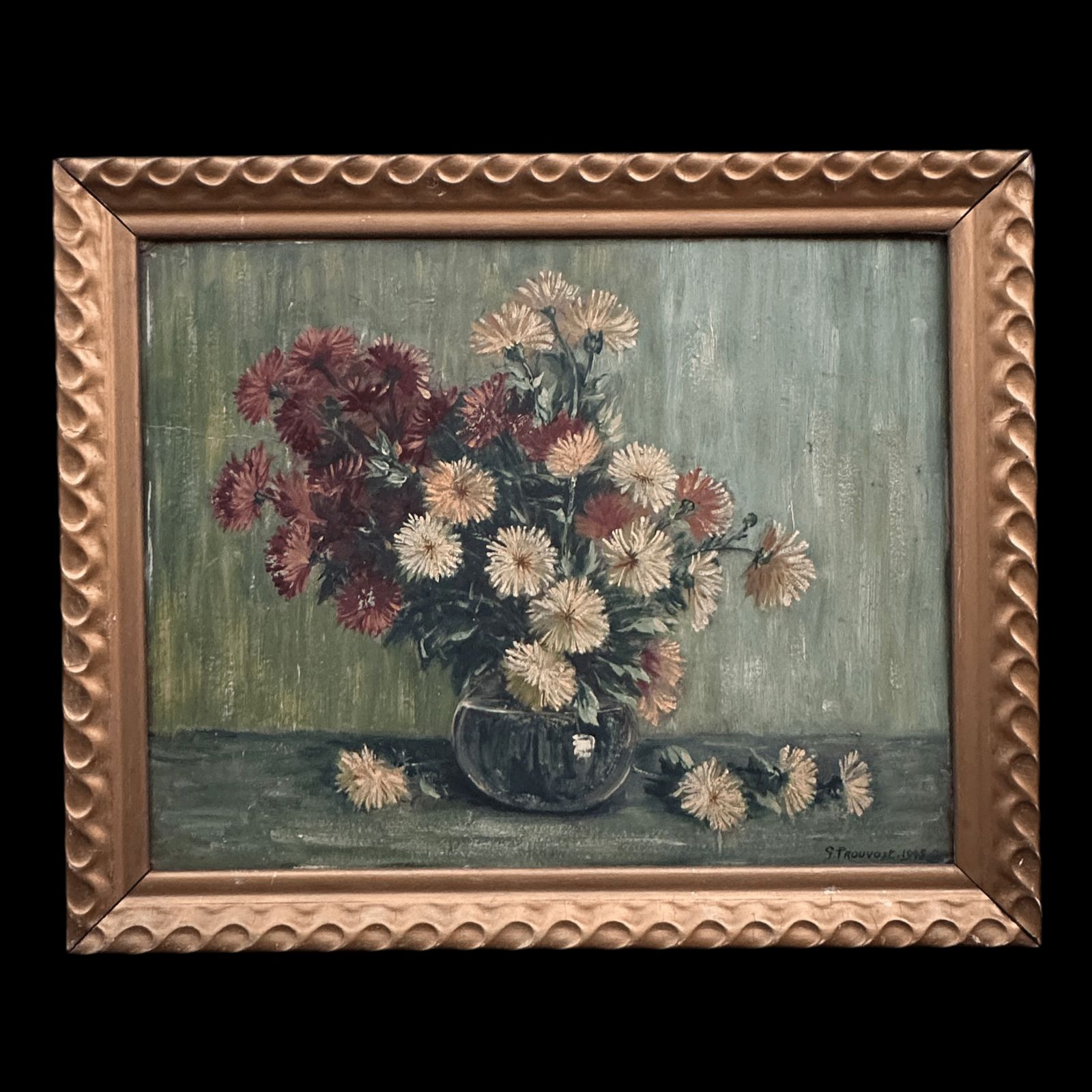 “Strawflowers In Jug” 1948 Oil On Wood Original Midcentury Frame
