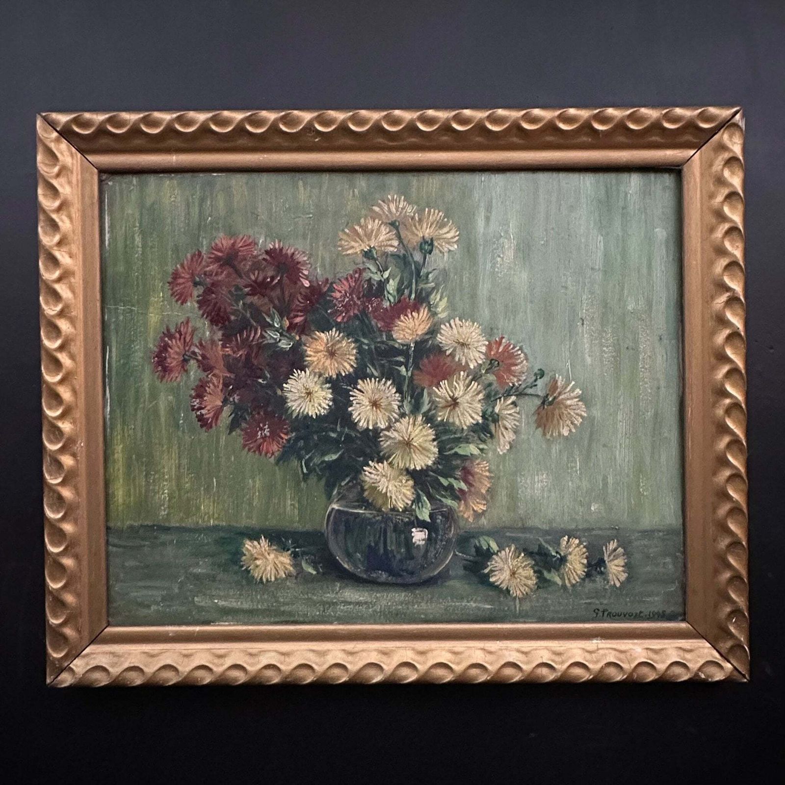 “Strawflowers In Jug” 1948 Oil On Wood Original Midcentury Frame photo furniture
