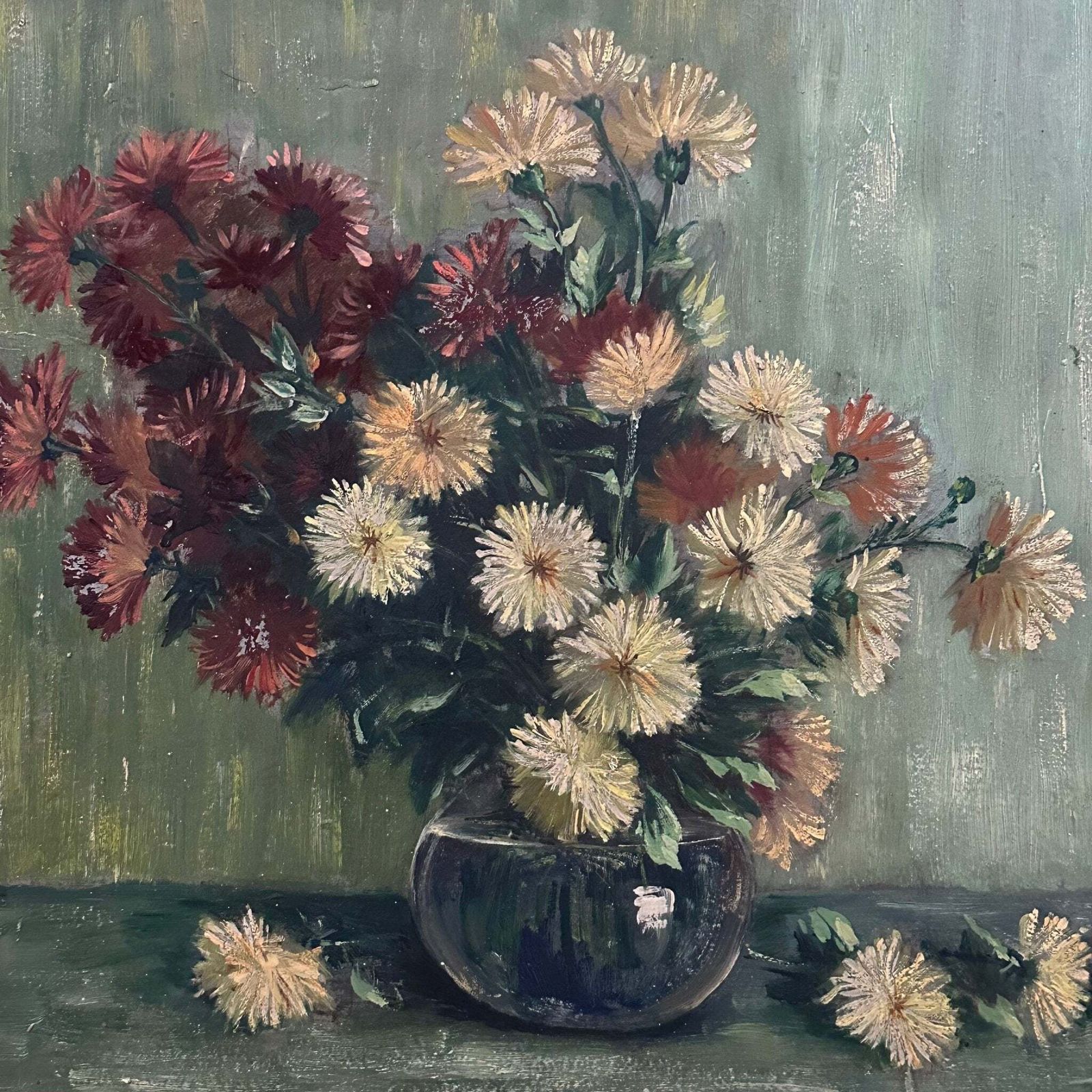 “Strawflowers In Jug” 1948 Oil On Wood Original Midcentury Frame photo for sale