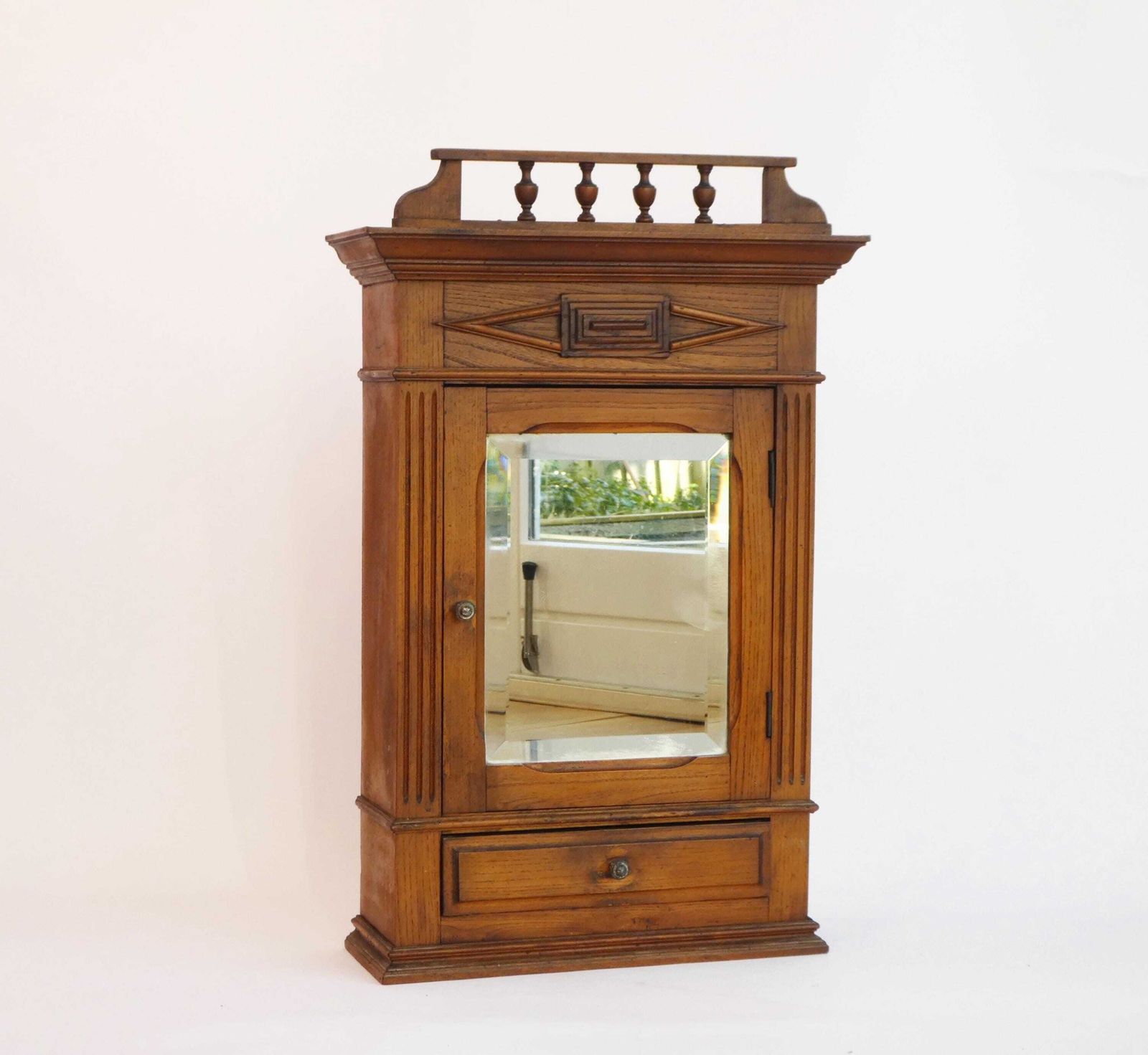 Antique Small Wooden Cabinet With Beveled Mirror And Carved Ornaments, Oak Medicine Apothecary With Shelf And Drawer, Bathroom Display