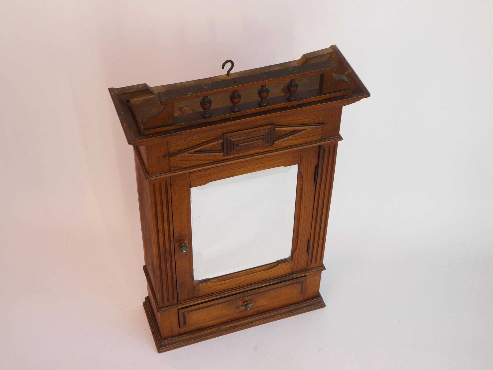 Antique Small Wooden Cabinet With Beveled Mirror And Carved Ornaments, Oak Medicine Apothecary With Shelf And Drawer, Bathroom Display photo 649.0