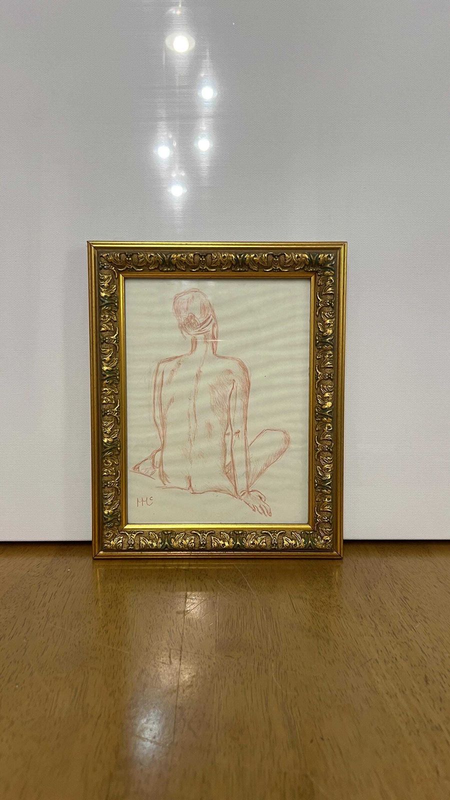 Signed Framed Red Pencil Nude Drawing – Female Figure Study