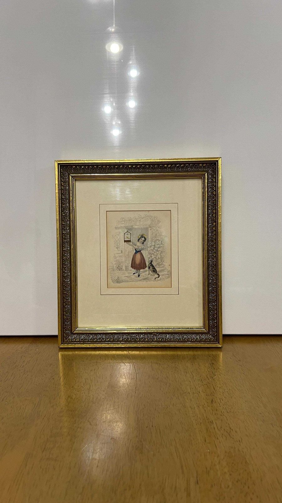 Early 1900s Framed Pencil And Watercolour Artwork – Charming Rural Scene Featuring Girl, Cat And Bird photo furniture