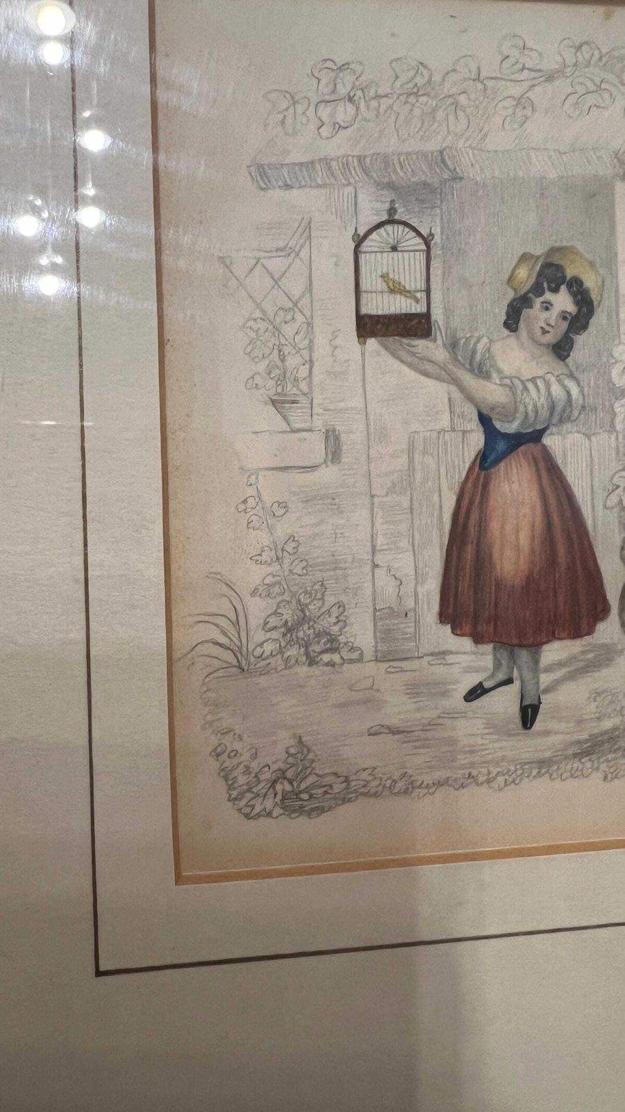 Early 1900s Framed Pencil And Watercolour Artwork – Charming Rural Scene Featuring Girl, Cat And Bird photo Art
